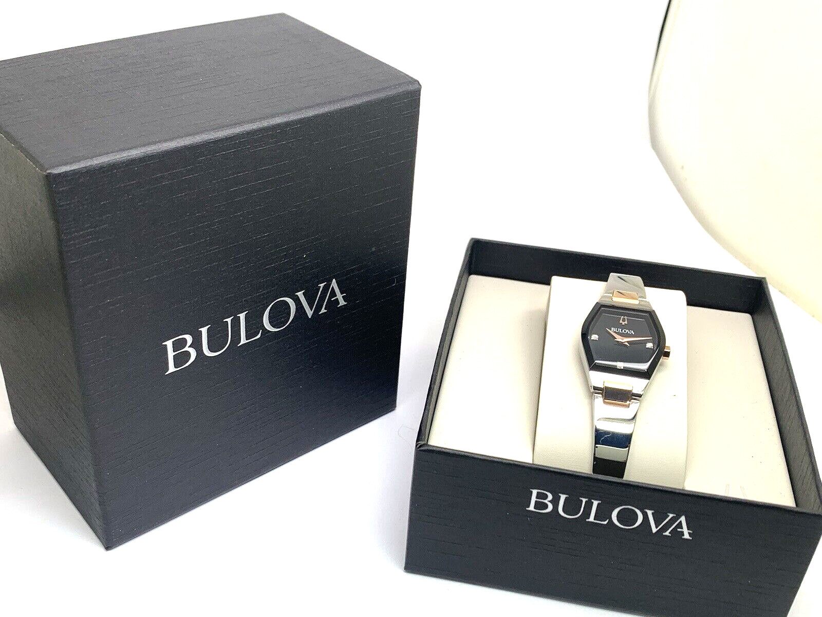 Bulova Womens Watch 98P216 Gemini Diamond Black Dial 2-Tone Quartz Petite 22.5mm