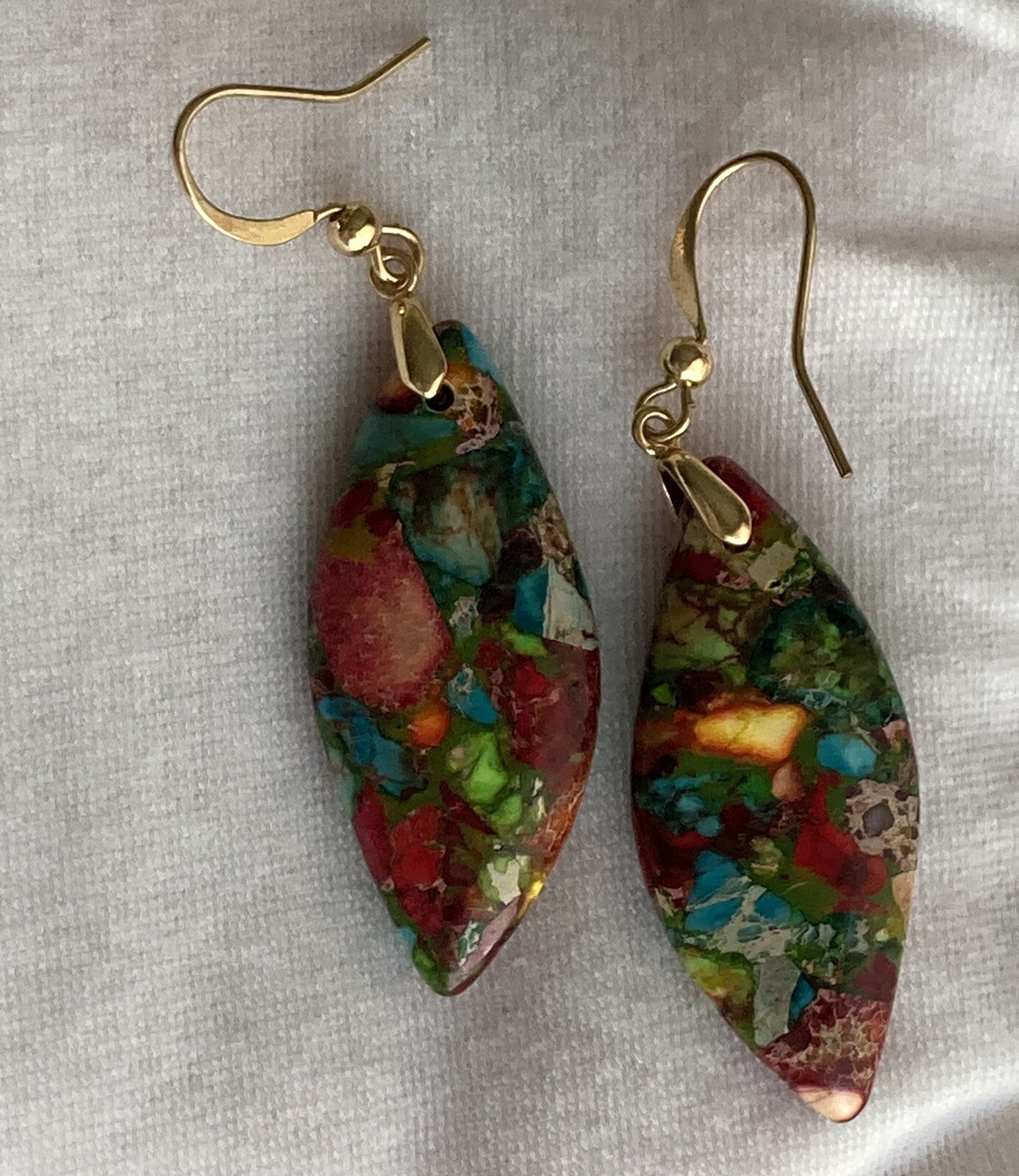 Jasper Stone Natural Imperial Leaf Dangle Drop Multicolor Earrings 7.71g Ladies