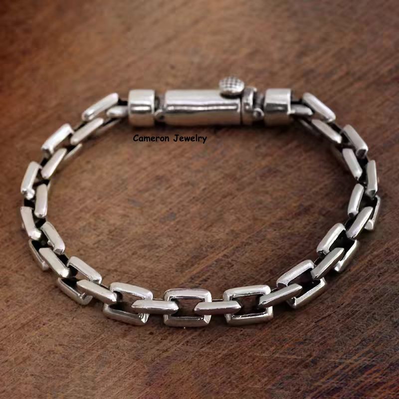 Pure S925 Sterling Silver Chain 8mm Solid Square O Link Bracelet 34-35g 8.67in