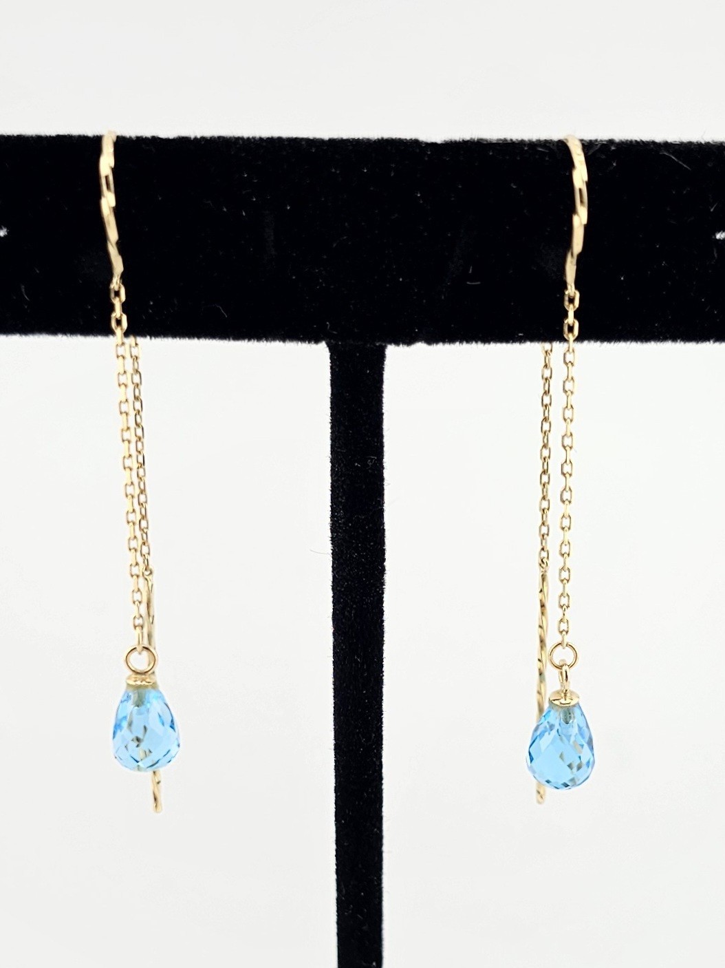 14K Solid Gold Blue Topaz Briolette Threader Earrings Acid Tested Presidium 0123