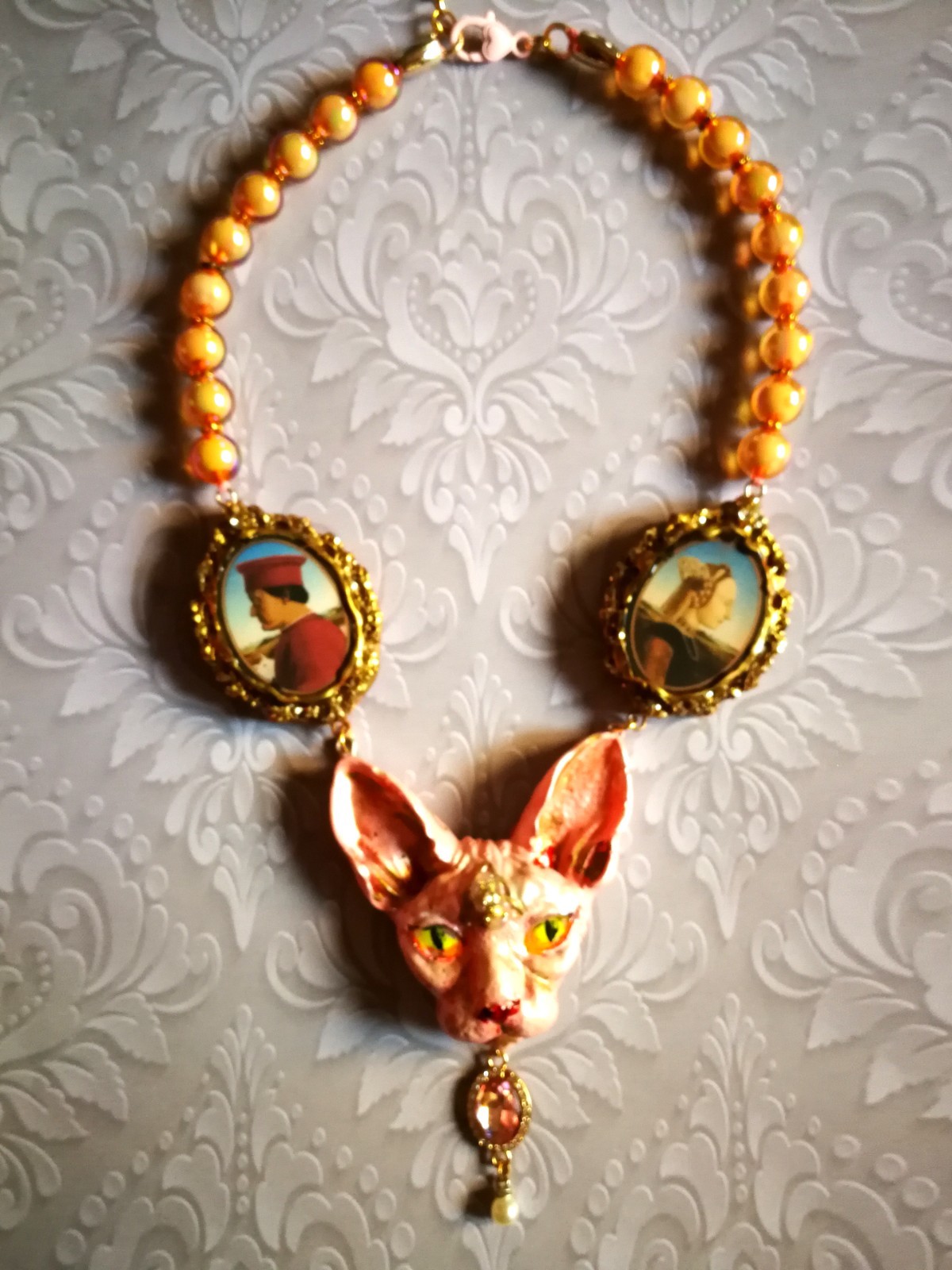 Statement Luxury Necklace Jewelry Pendant Sculpture Sphynx Cat Antique Cameo Bib