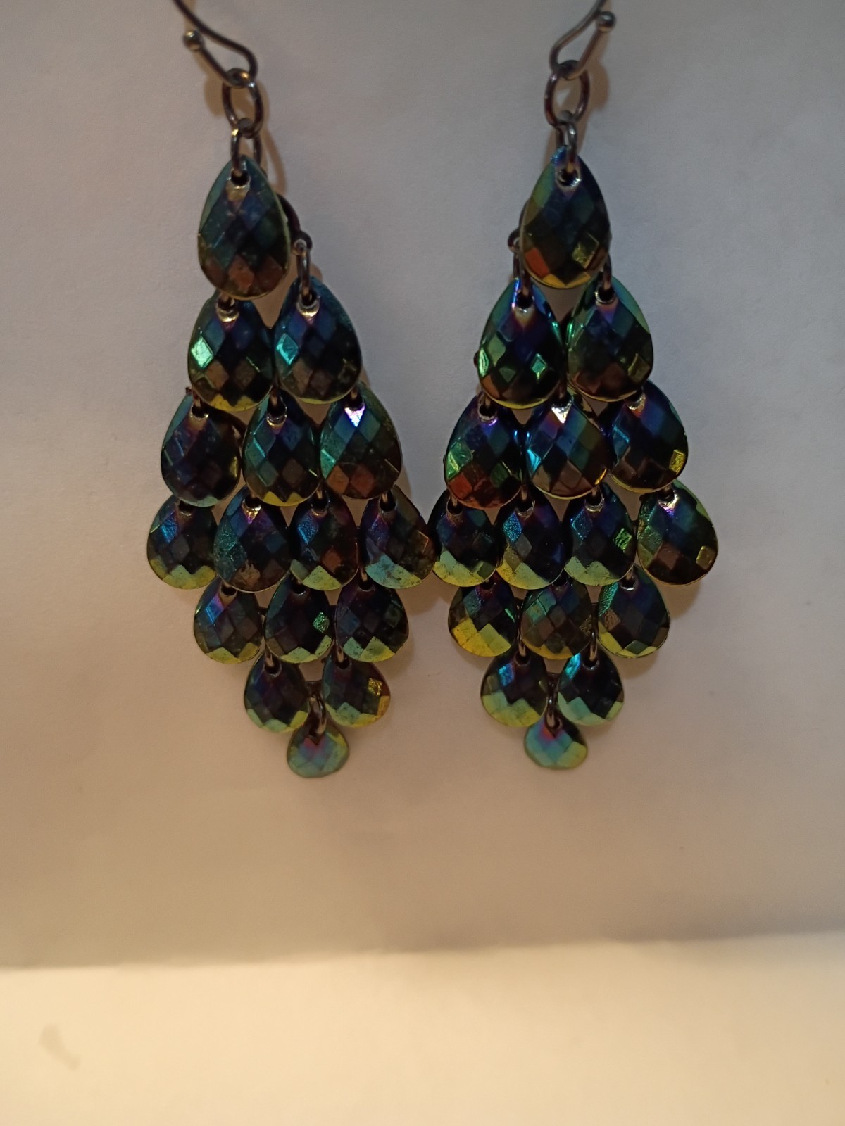 Vintage Iridescent Peacock Chandelier Dangle Earrings