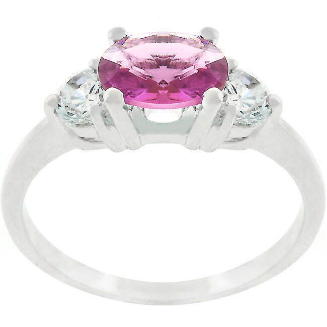 Silvertone Rhodium Plated Brass Oval-Cut Pink Cubic Zirconia Triplet Ring