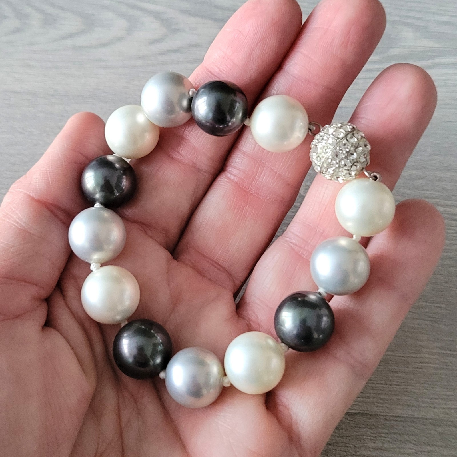 Faux Pearl Bracelet Black Gray White w/ 925 Sterling Silver Clasp + Stones NWOT