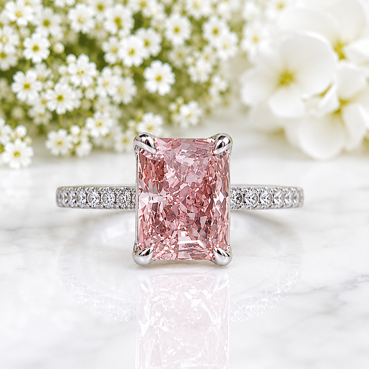 3.75 CT Radiant Cut Fancy Vivid Pink Lab Grown Diamond Women Ring 18K White Gold