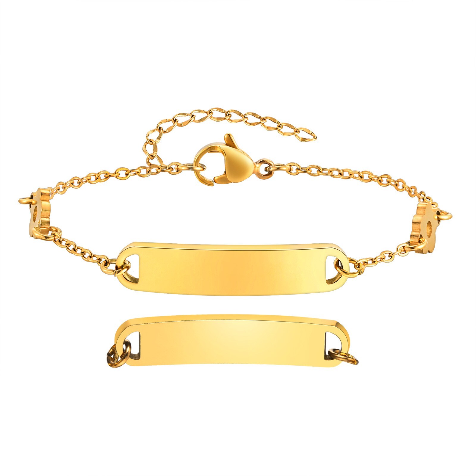 Fashion Stainless Steel Flat Cross Chain Flower ID Bracelet Female Golden 8.26in