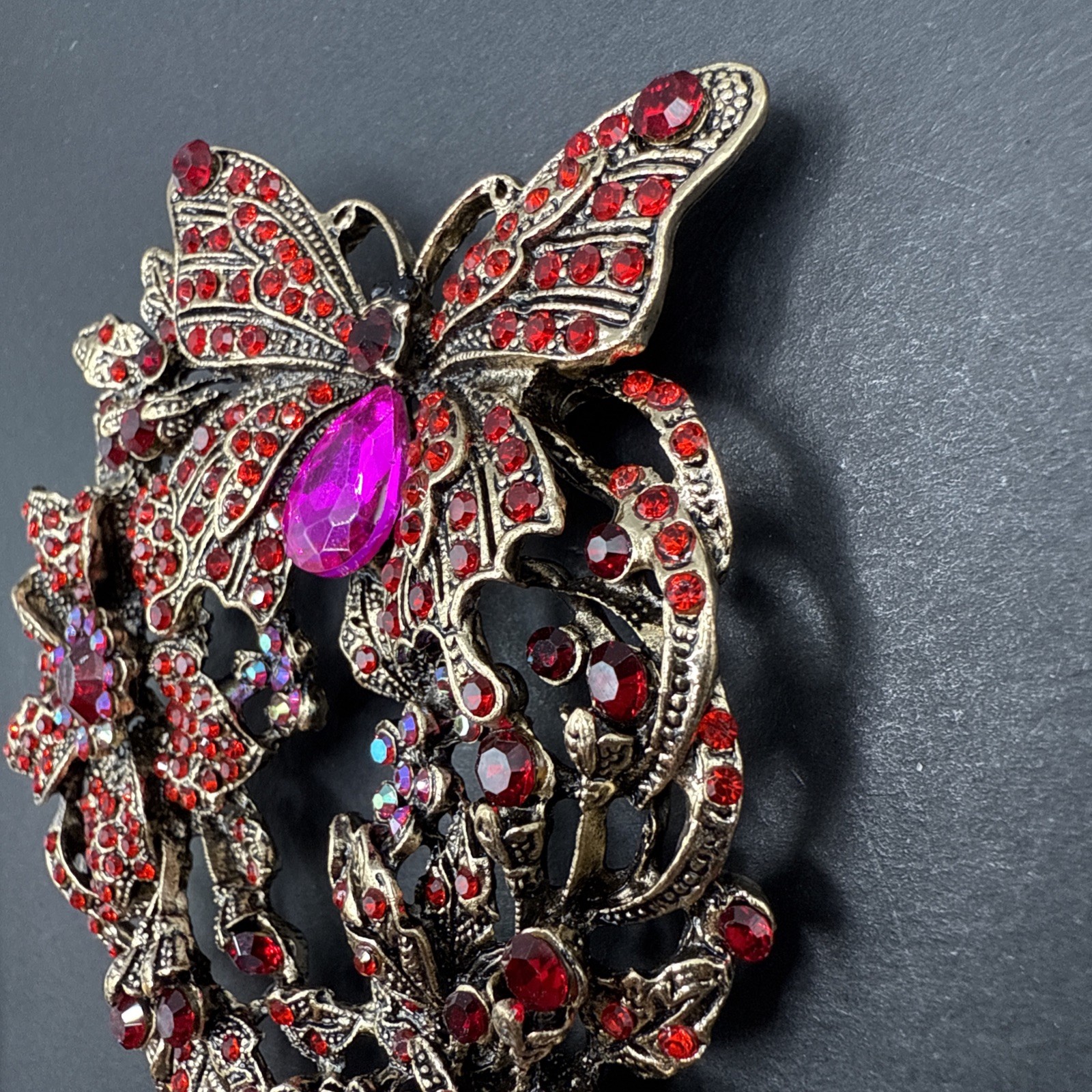 HUGE Butterfly Red Pink Flower Rhinestone Wreath Brooch Pin J26