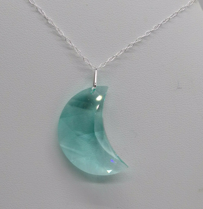 Handmade Sterling Silver Swarovski Crystal Antique Green 30mm Moon Necklace