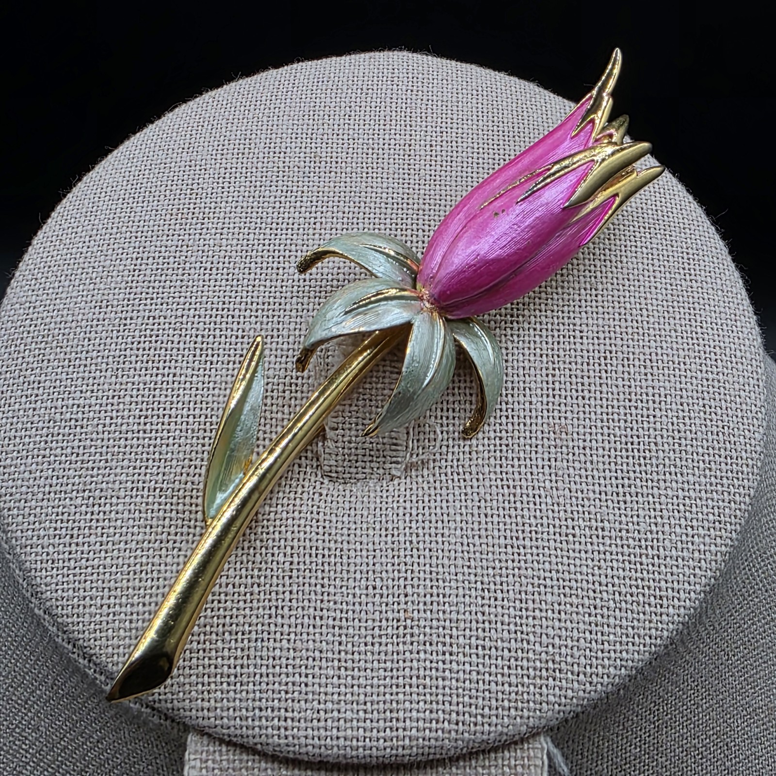 Vintage Park Lane Tulip Brooch Pink Green Enamel Goldtone 3.5 Inches