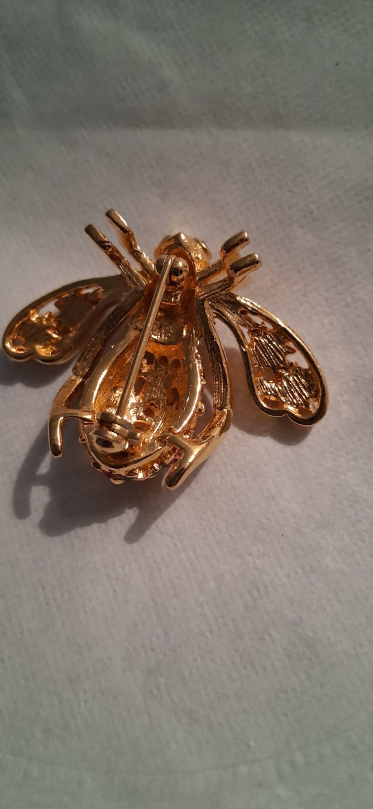Gold Tone Bee Brooch Pin Red Green Enamel Round Rhinestone Insect Theme
