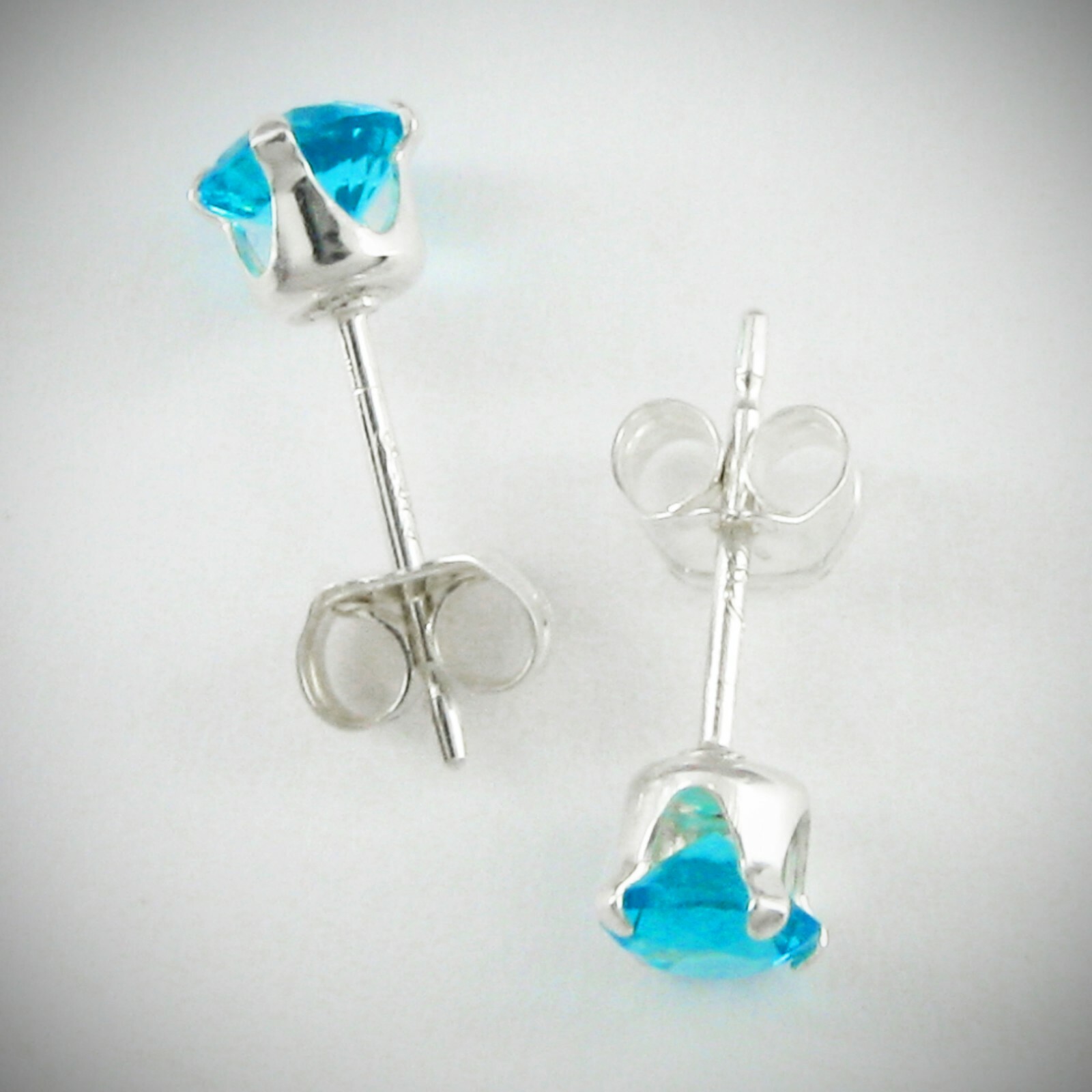4mm Round Blue Zircon Simulant Post Earrings – SOLID Sterling Silver – NEW!