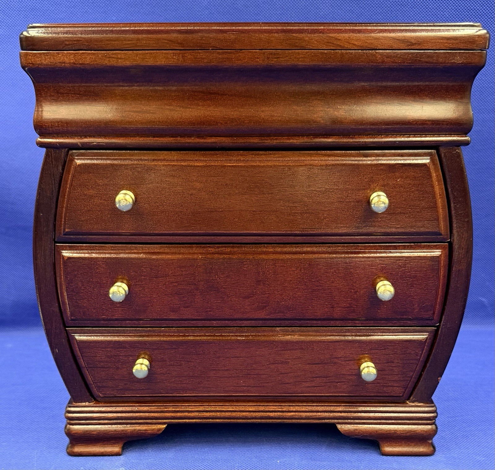 Wood Bombe Style Jewelry Box Chest 3 Drawers Mirror Ring Rolls Felt Lined