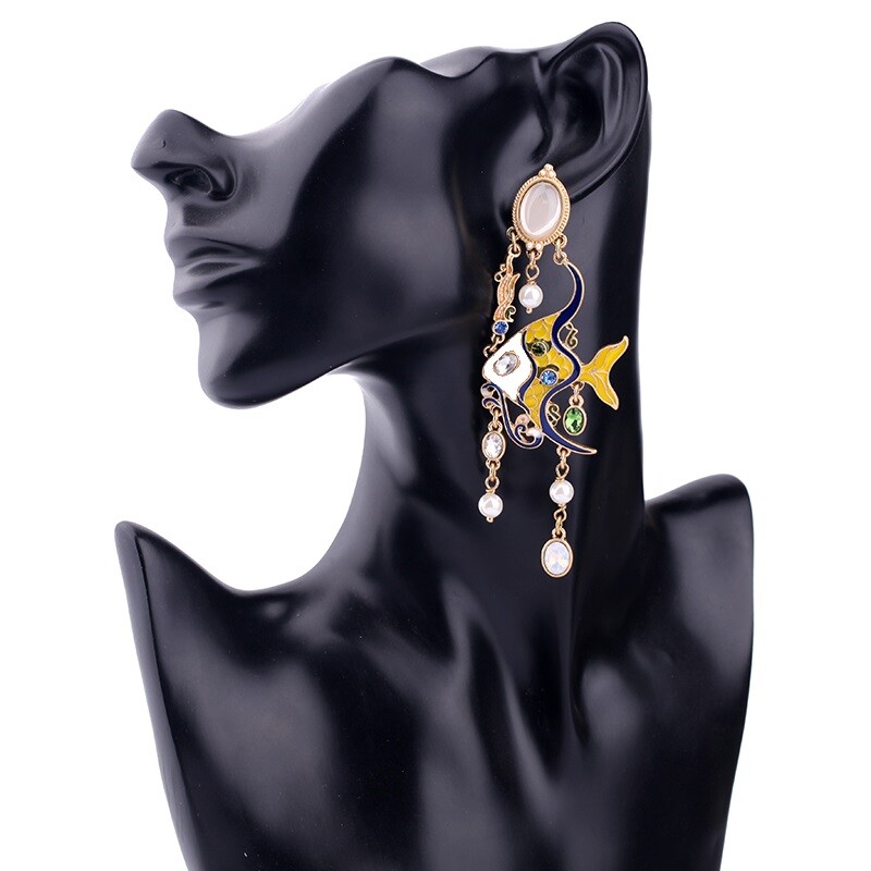 US Seller Betsey Johnson Metallic Jewel Fish Dangle Earrings Blue Yellow Pearl
