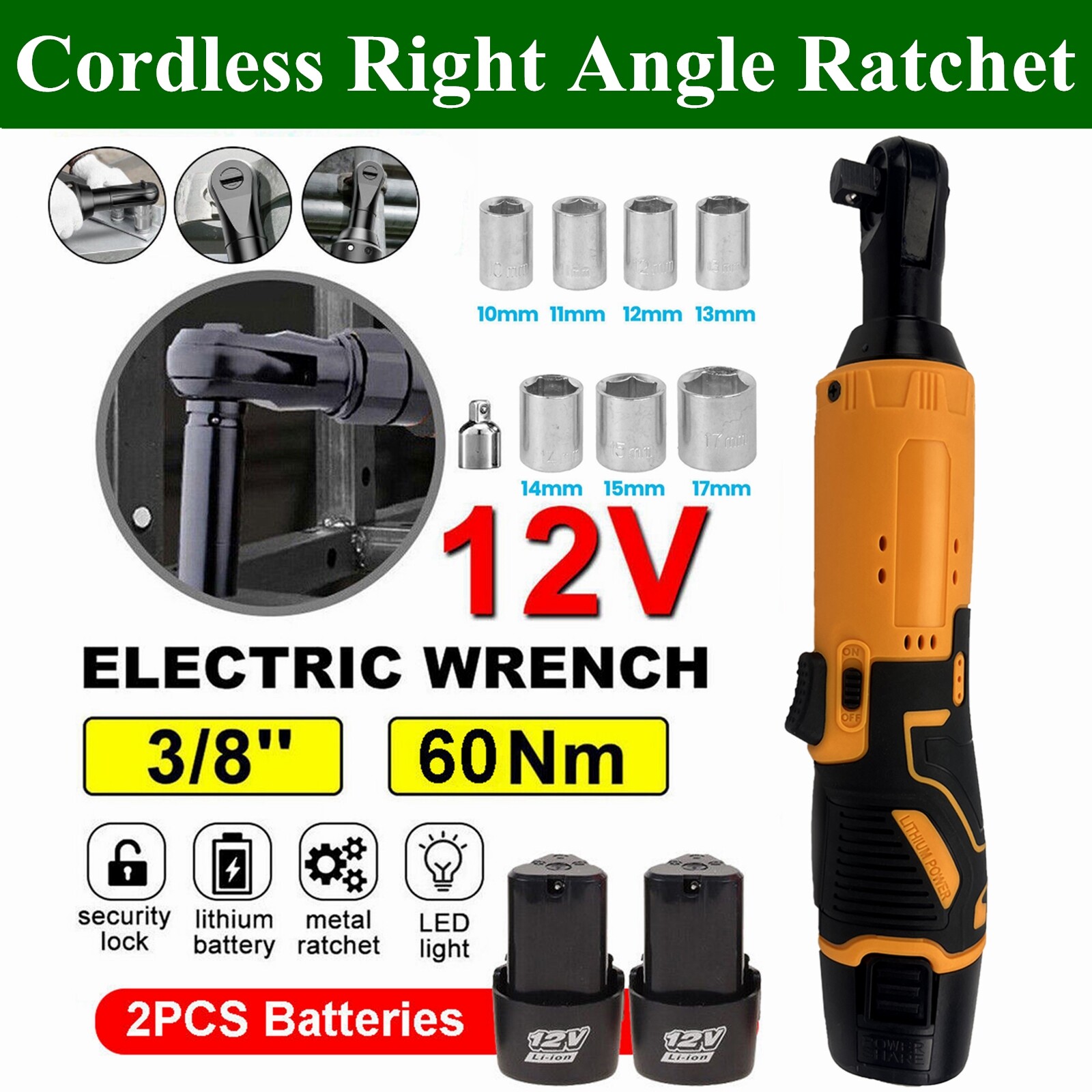 3/8″ Electric Cordless Ratchet 12V Impact Wrench Power Tool Set with 2 Batteries