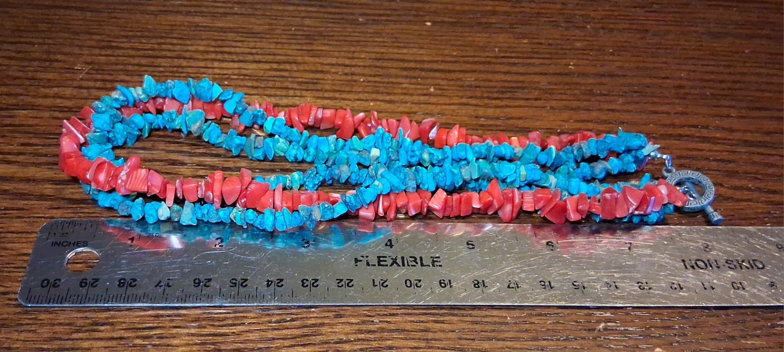 3 Strand Beaded Coral & Turquoise(?) Chip Necklace 16″ See Pics/Description