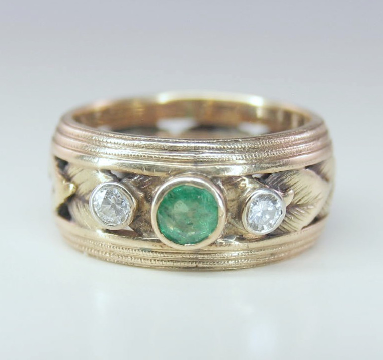 Vintage 14k Gold 1 Emerald 2 Diamond Leaf Die-Struck Size 4.5 Ring 6.7g HEAVY!