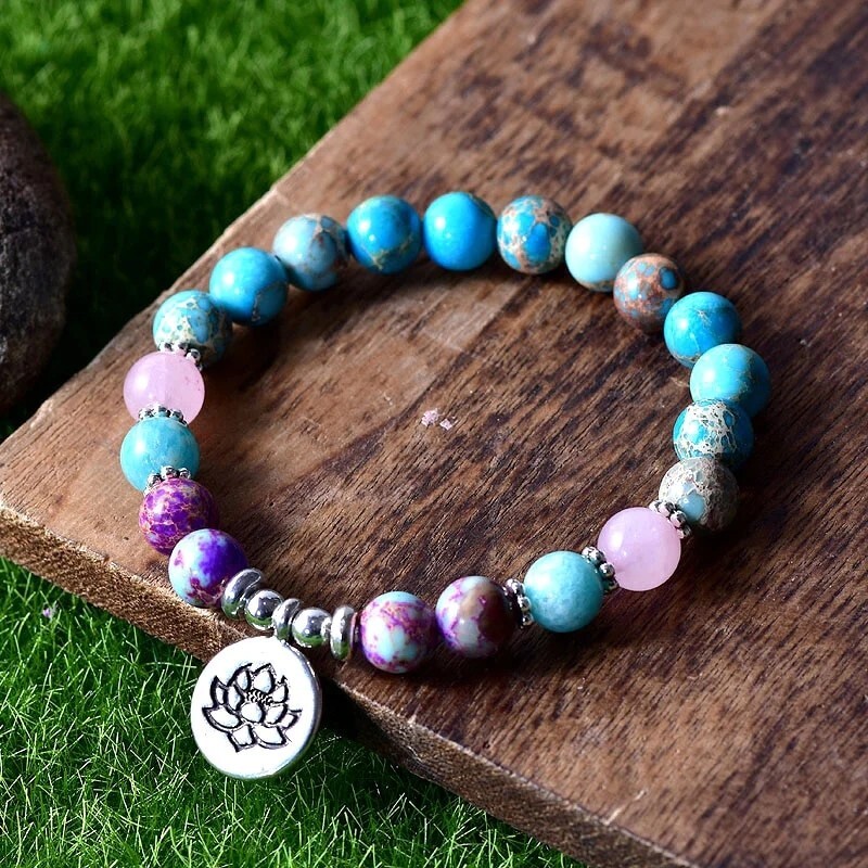 Purple Blue Sea Sediment Jasper Beads Healing Reiki Women Lotus Bracelet Gifts