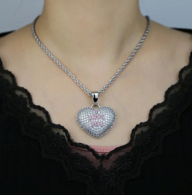 Hip Hop I Love You Heart Pendant Necklace AAA CZ Iced Bling Women Girl Gift Y2K