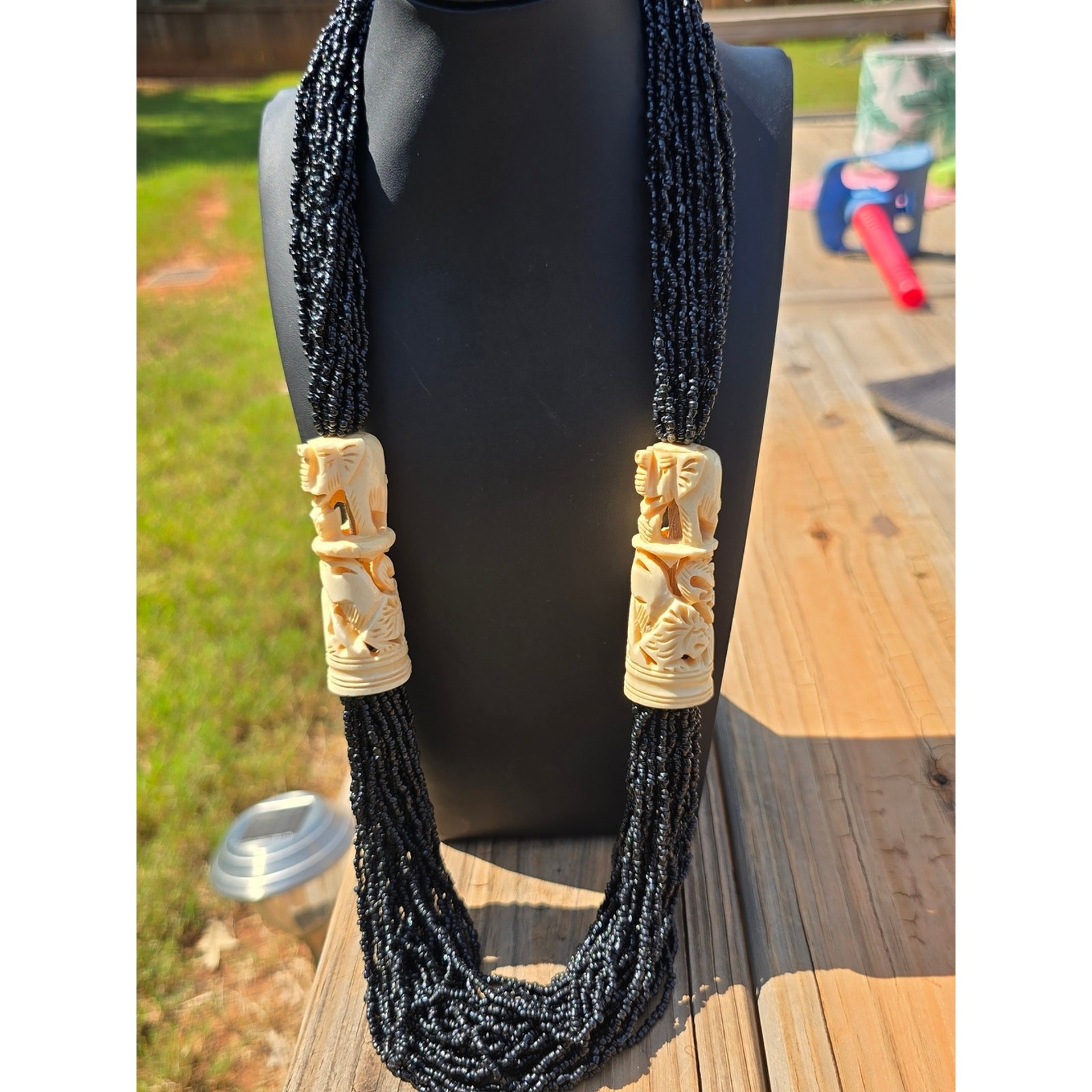 Tribal Black Multi-Strand Seed Bead Necklace with Carved Ivory Accents