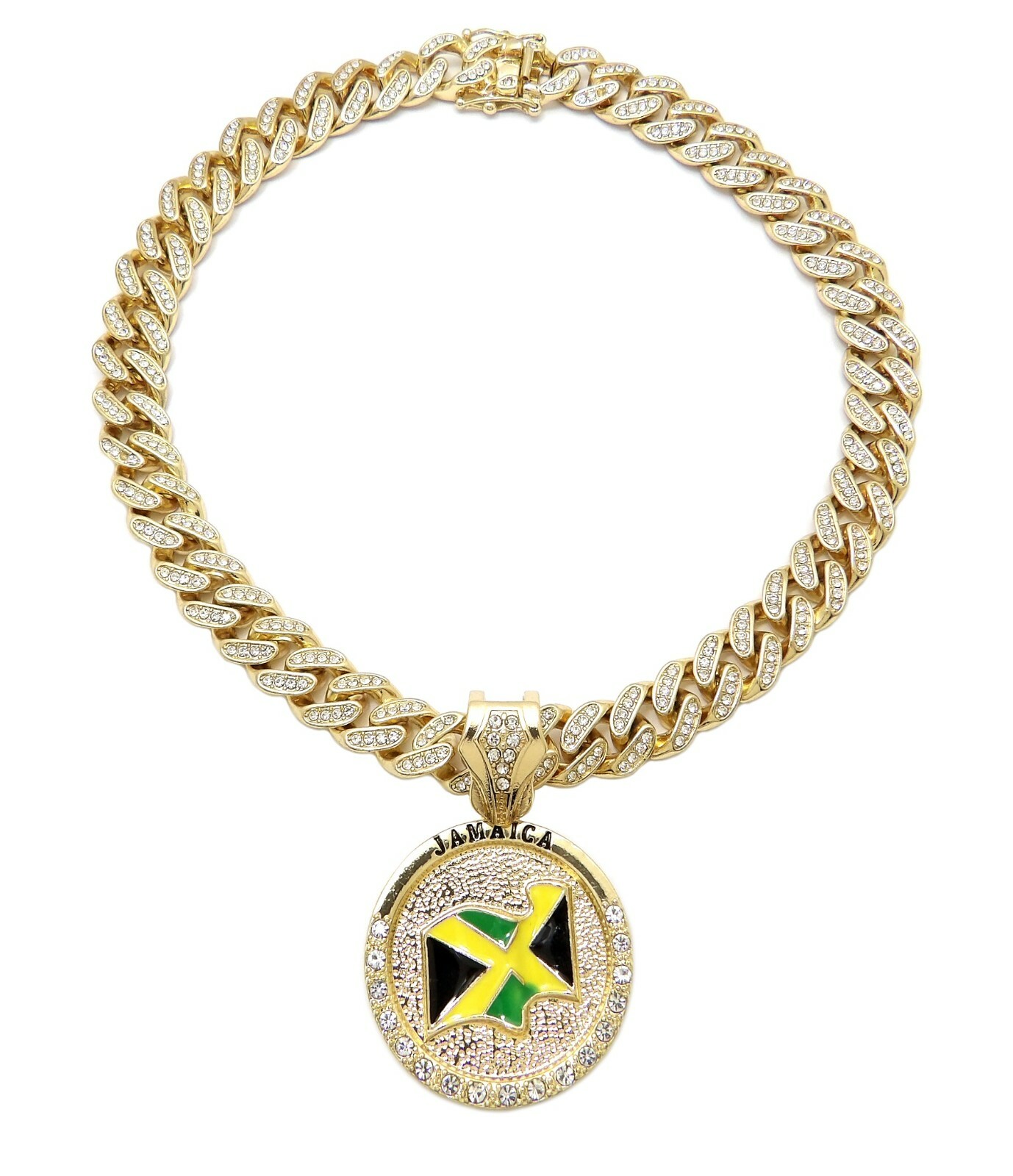 New Jamaica Flag Pendant 12mm/18″ or 20″ Box Lock Cuban Chain Necklace RC3899