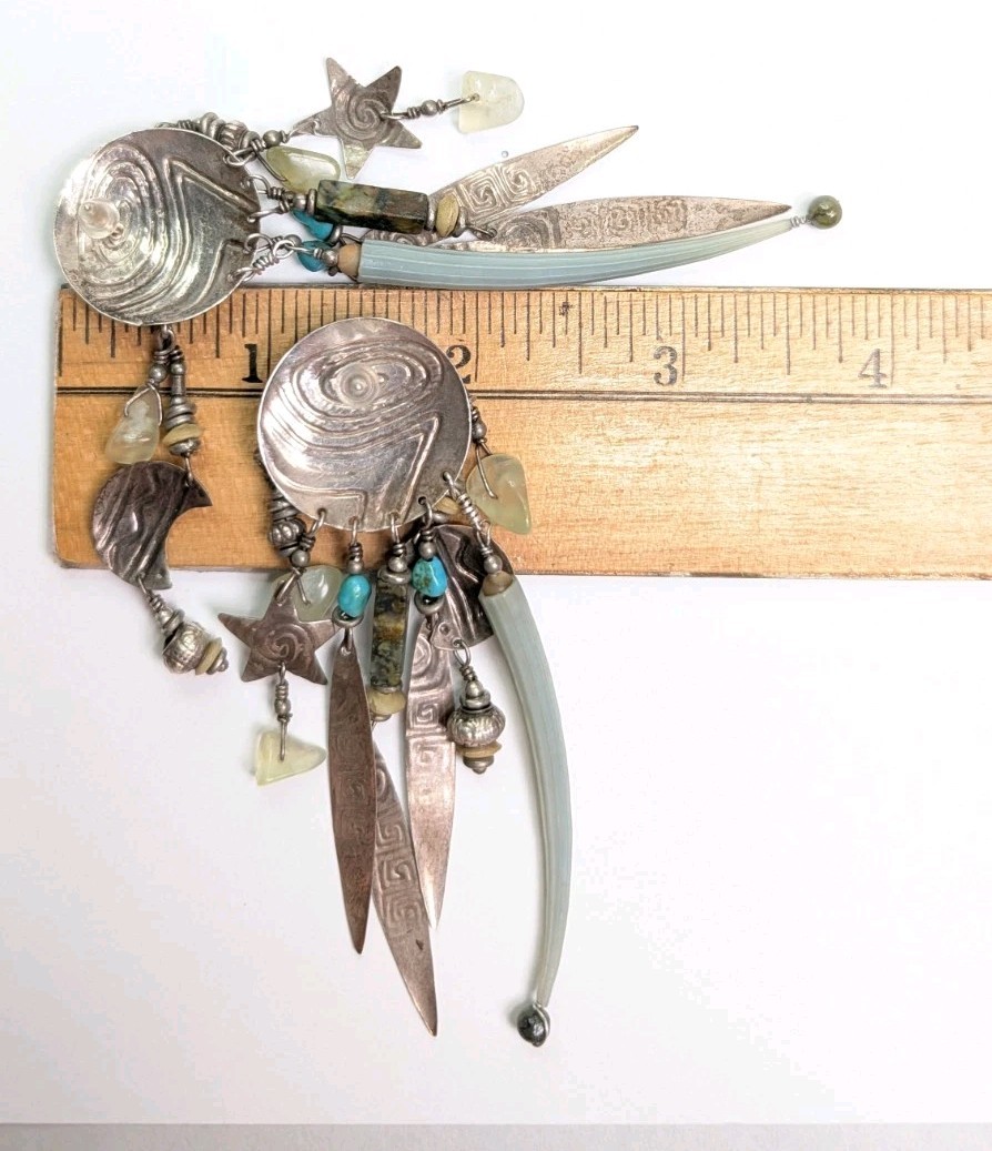 Vintage Tabra Moon Face Dangle Earrings Celestial Charms Sterling Silver 3.75 In