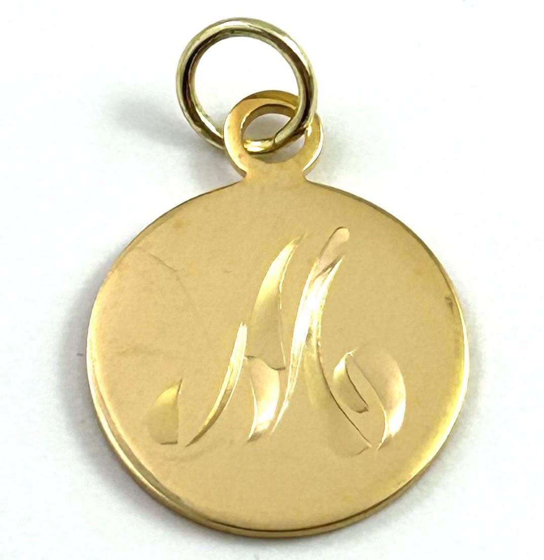 Vintage Initial M Charm Dainty Pendant Etched Gold Plated Metal Vintage Jewelry