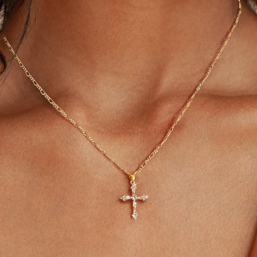 LuckFairy 14K Gold Plated Cross 16.5 inches to 18.5 inches, Gold-Figaro