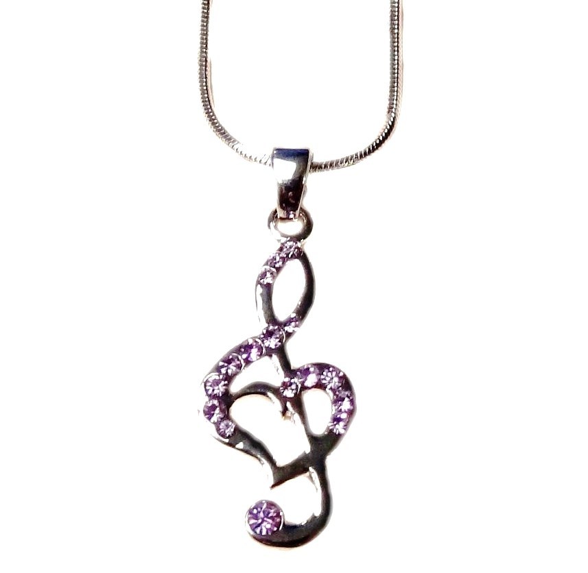 Silvertone Crystal Treble G Clef Music Note Heart Necklace Purple Crystals
