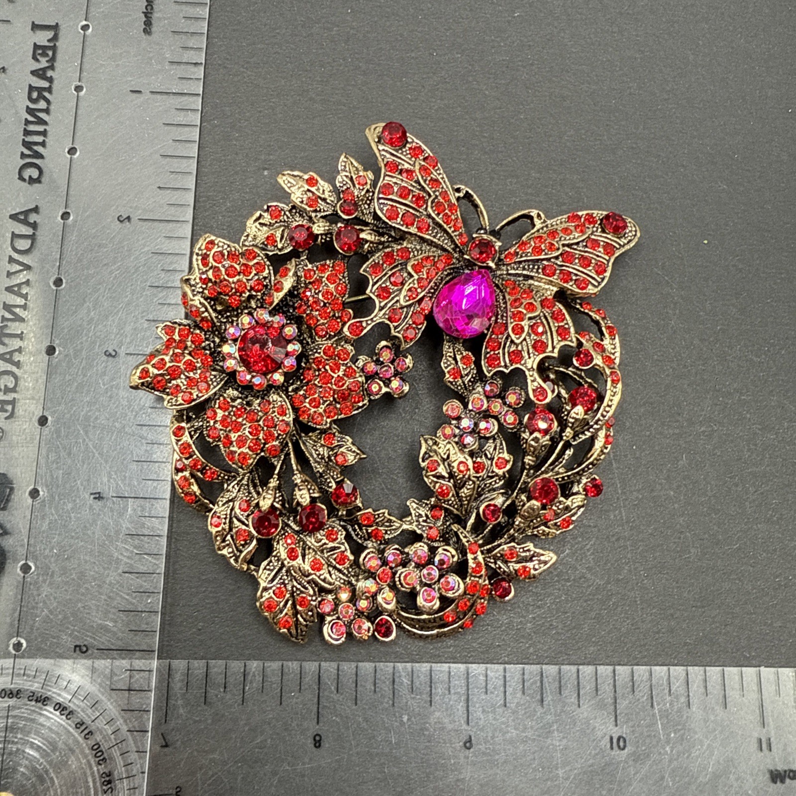 HUGE Butterfly Red Pink Flower Rhinestone Wreath Brooch Pin J26