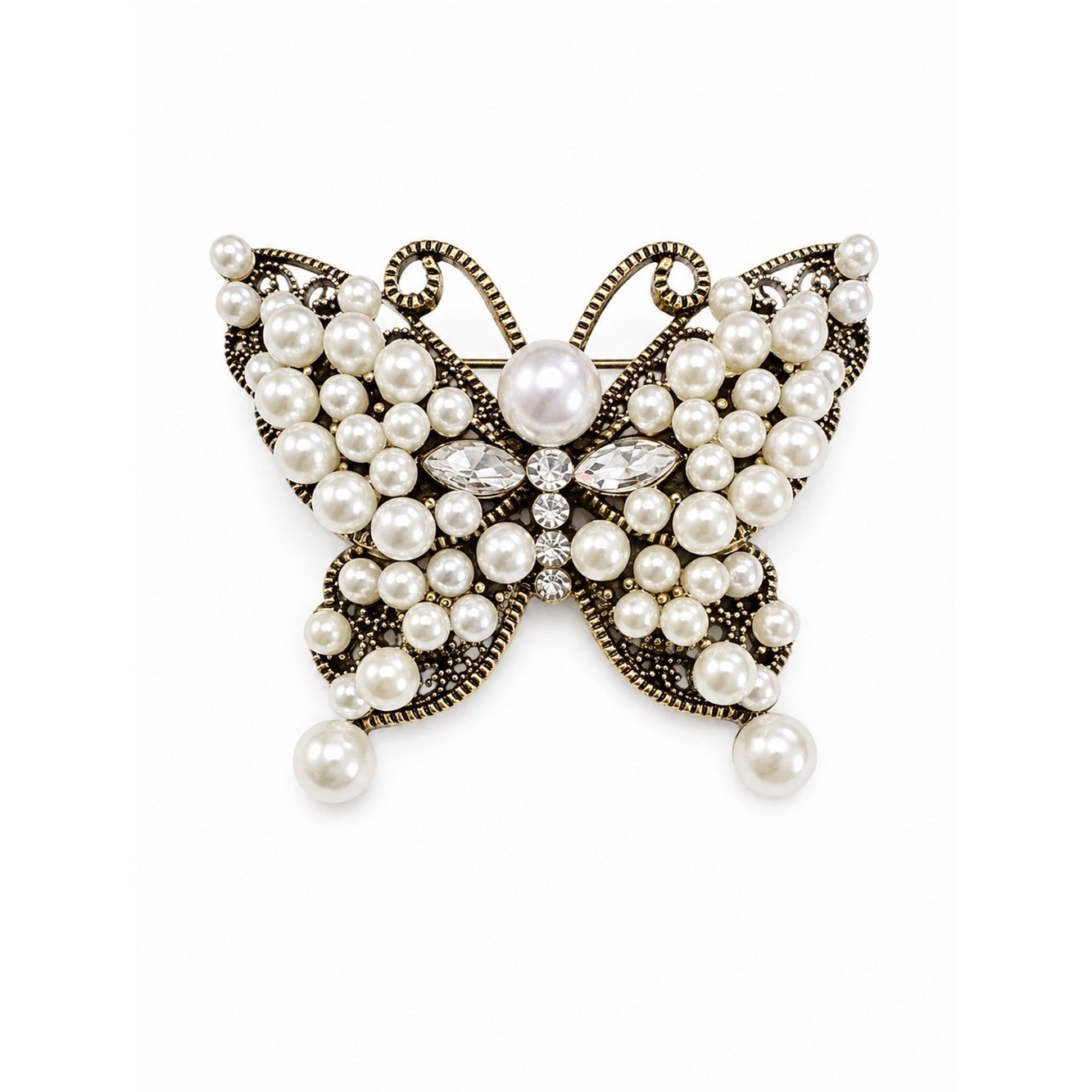New Butterfly Pearl Rhinestone Brooch Pin Gold Tone Filigree