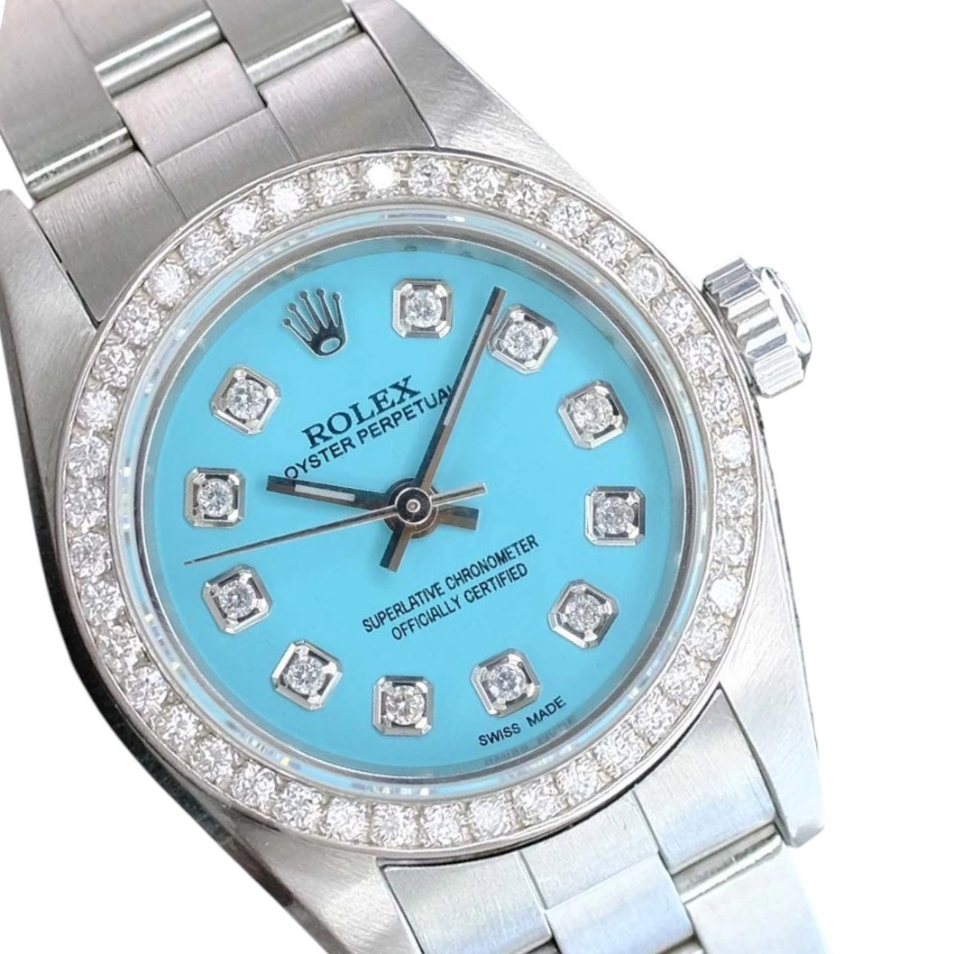 Rolex Oyster Perpetual 67180 Blue Dial 14KW Diamond Bezel Oyster Band Watch