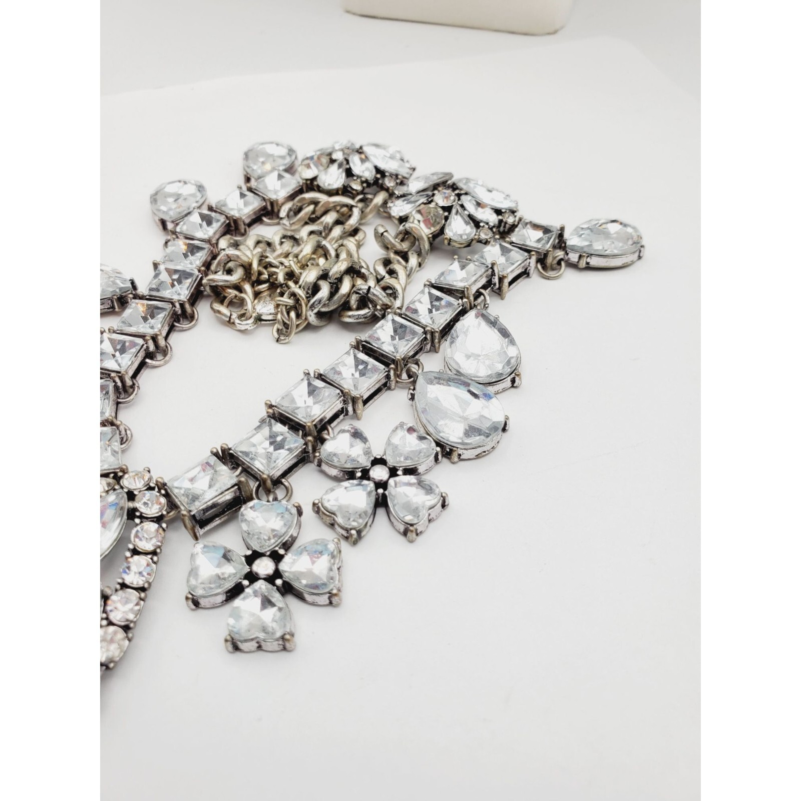 Statement silver tone Rhinestone flower square tear drop pear Necklace 18″