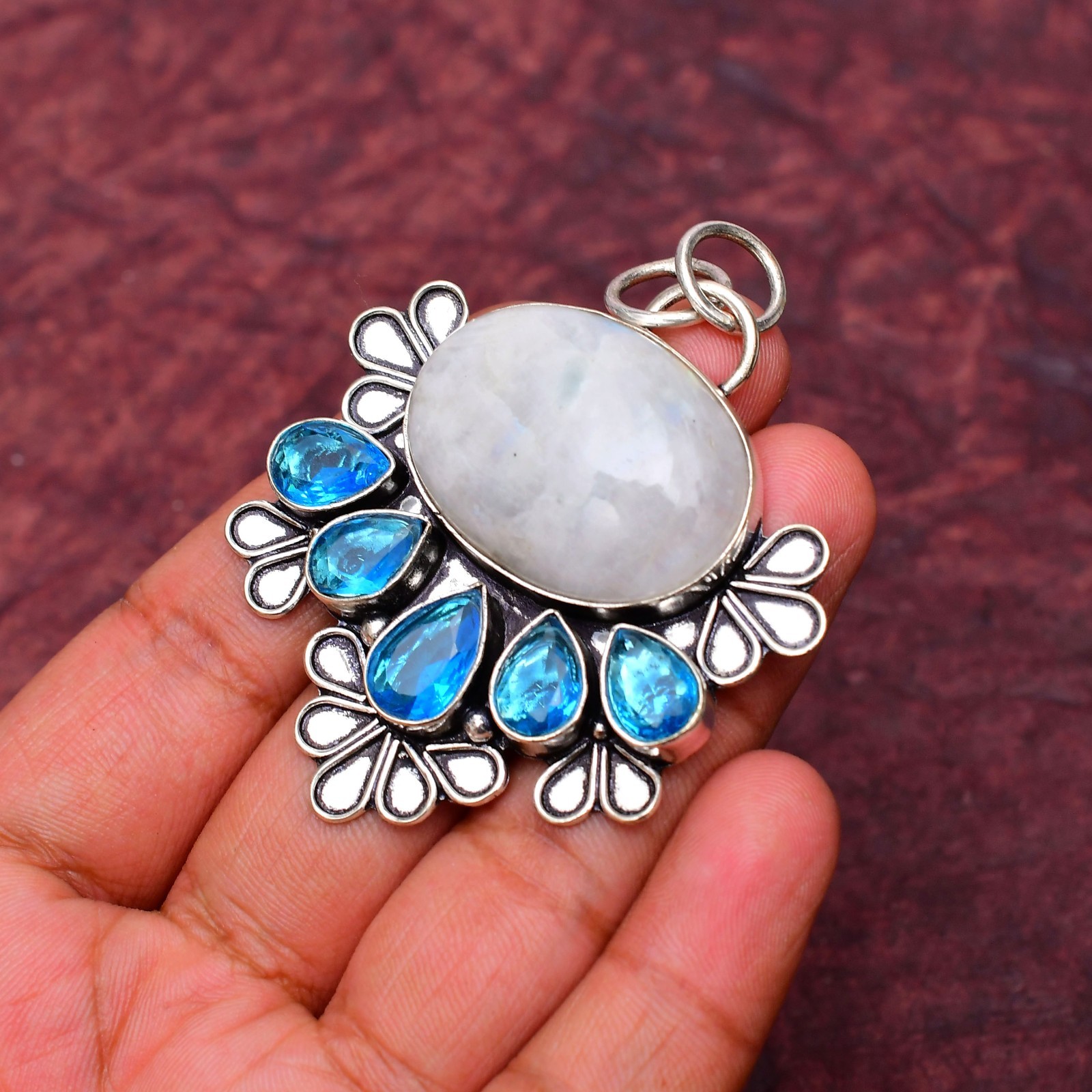 Rainbow Moonstone Gemstone 925 sterling silver Handmade Pendant 2.16″