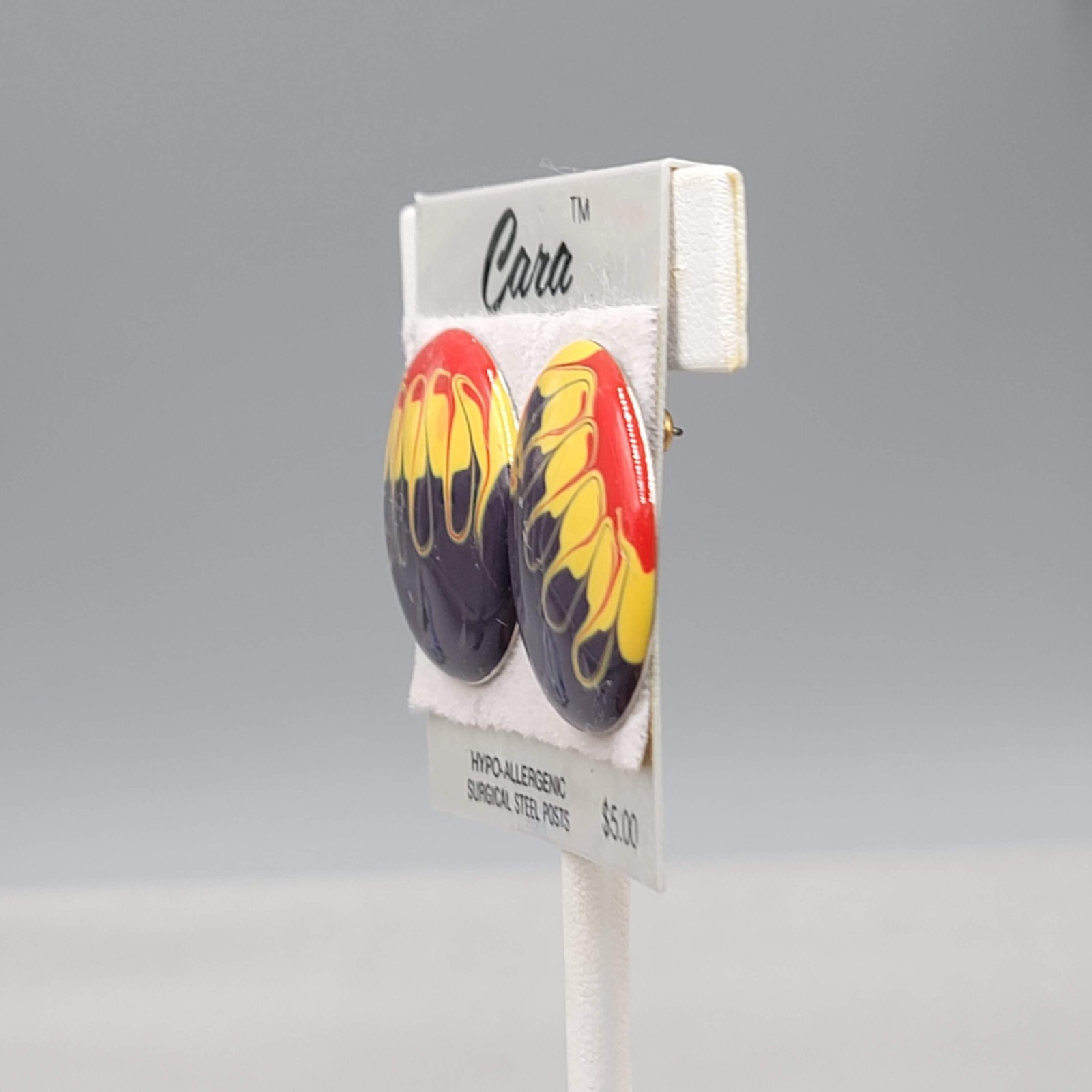 Vintage Black Yellow Red Round Enamel Cara Pierced Earrings NOS Prop 1″