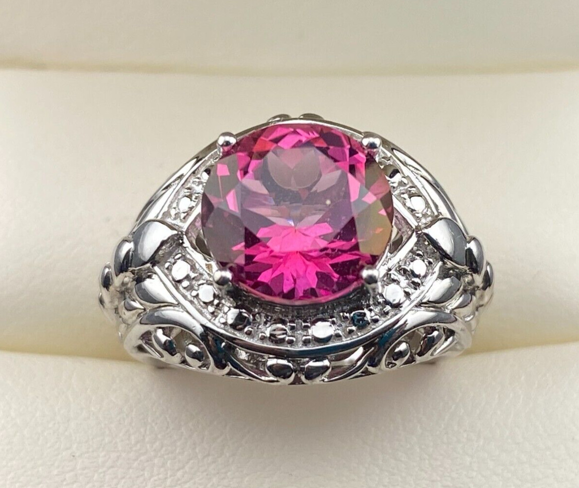 Sterling Silver 925 TC 3.7 Carat Pink Red Topaz Cocktail Ring Sz 5.75 – 6.7 Gram
