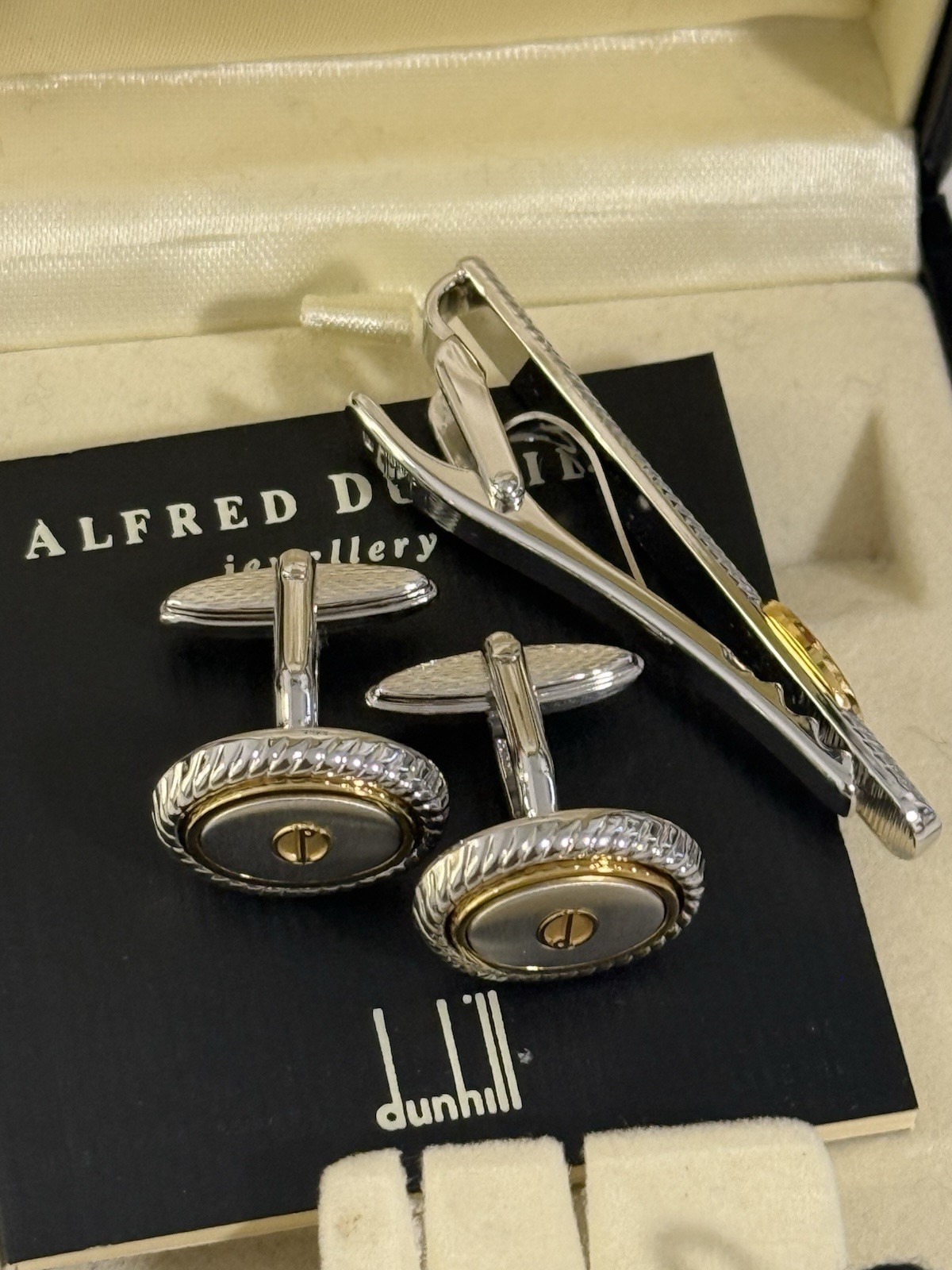 Dunhill Cufflinks & Tie Clip Set Two-Tone Silver Gold Tone Boxed