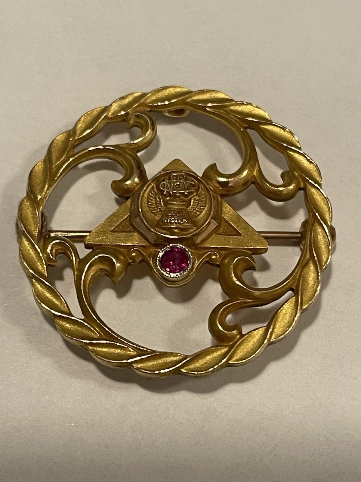 Vtg NTY Bell Systems 1/5 10k Gold Filled Ruby Pin Pendant Brooch