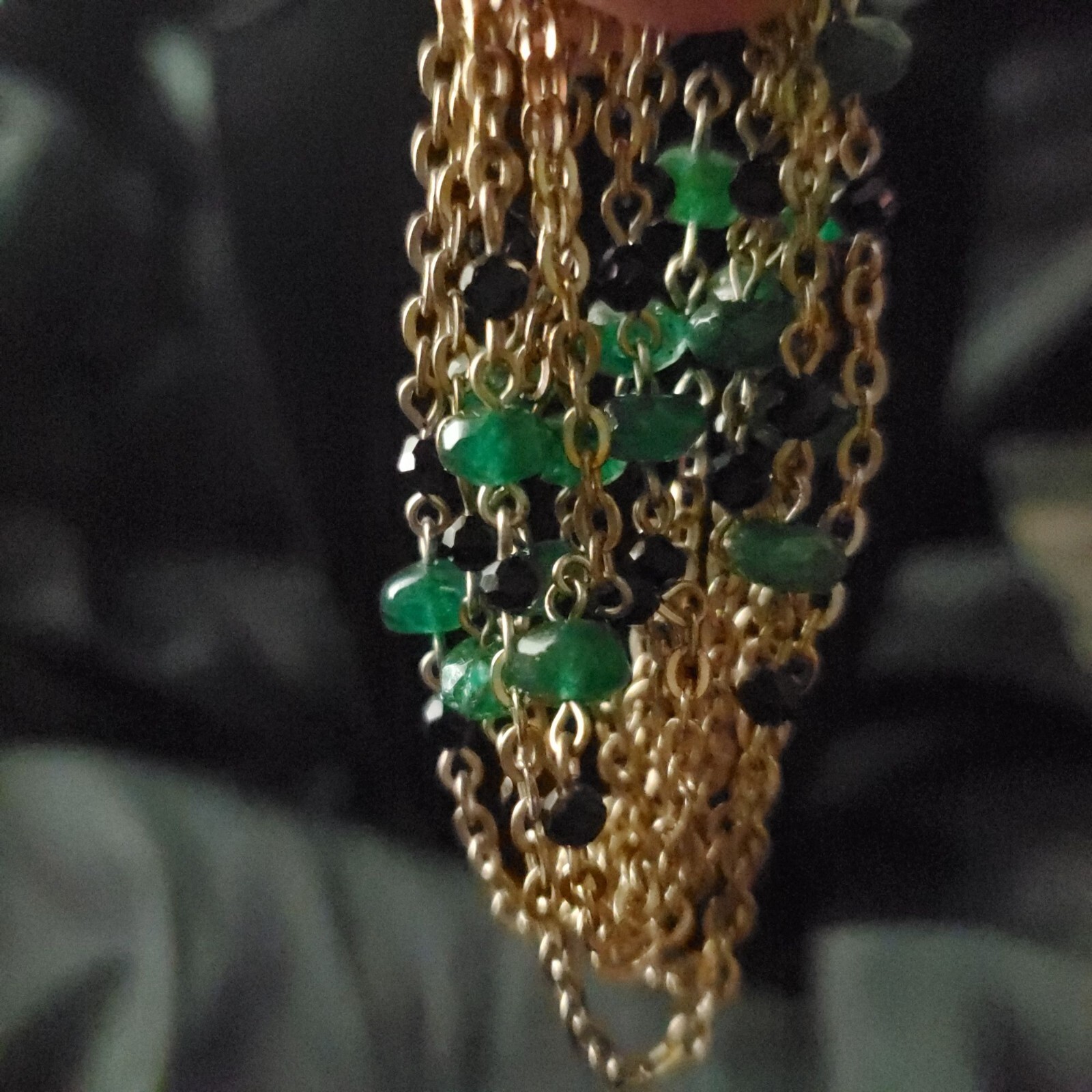 Vtg 48″! Jade & Black Crystal Necklace Gold Tone X-Long Versatile Classic Luxury
