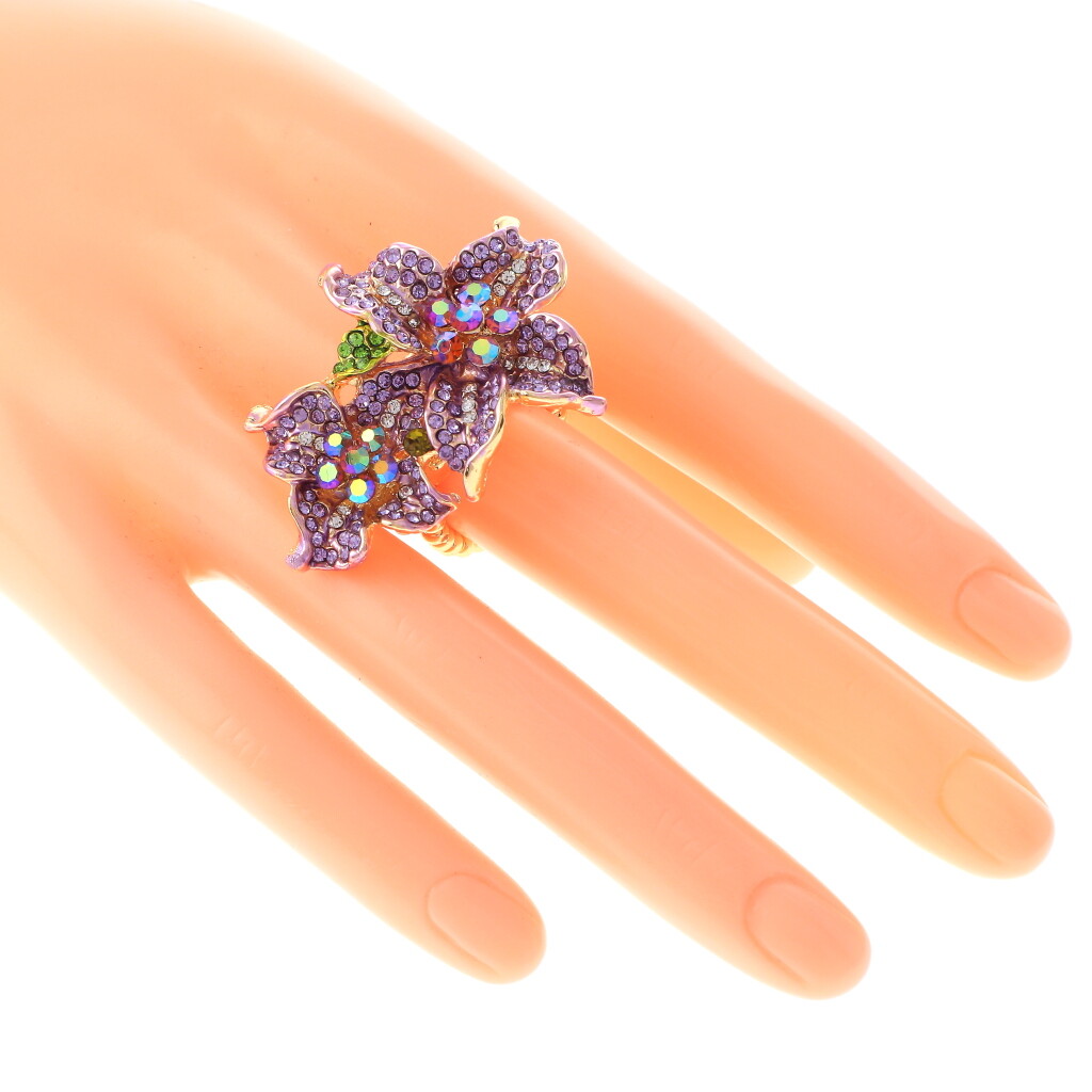 Gold Tone Stretch Metal Flower Ring With Crystal Rhinestone R1256-LVT