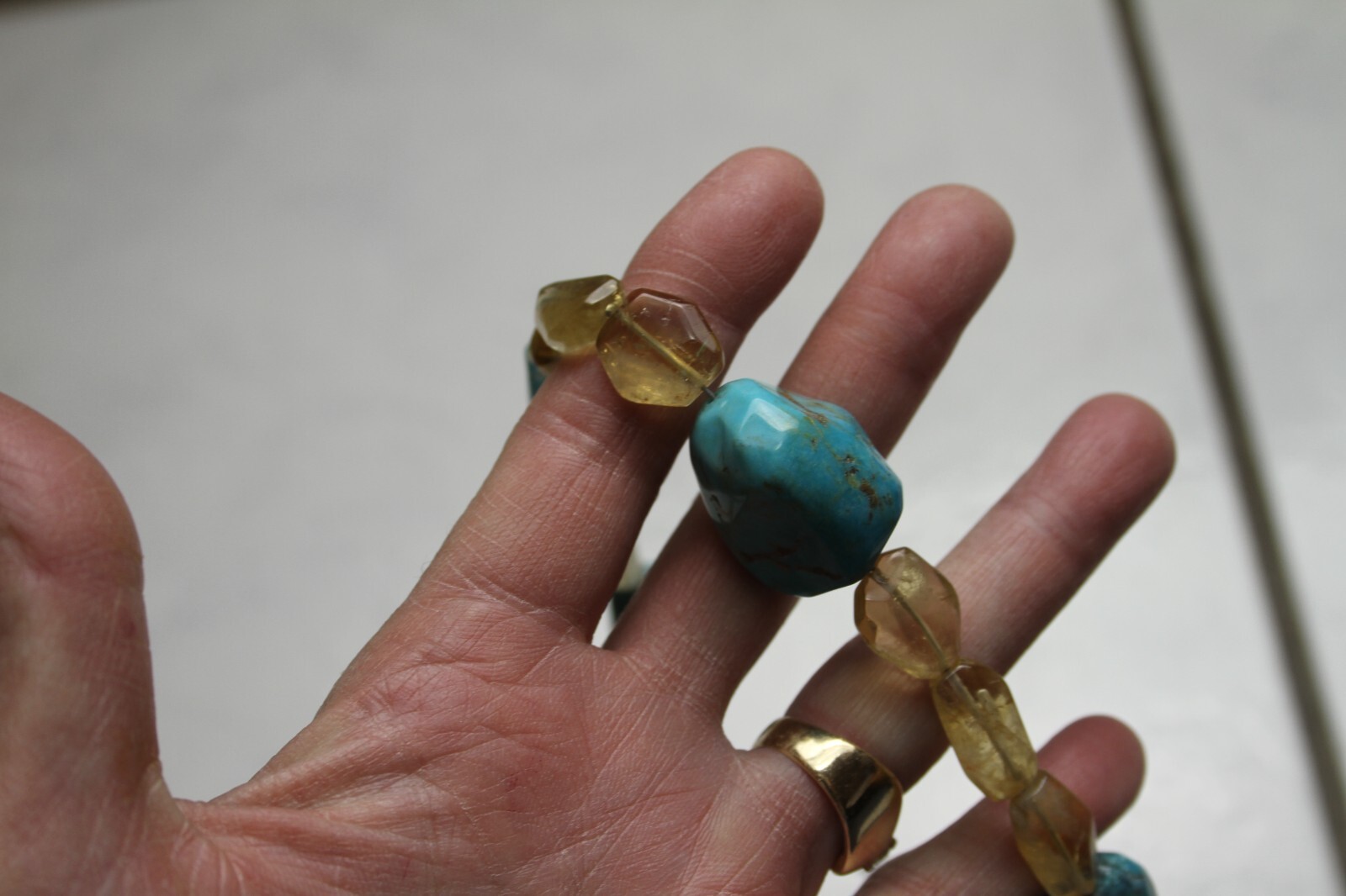 925Silver Turquoise and Citrine Beaded Necklace Chunky Gemstone 21 inches