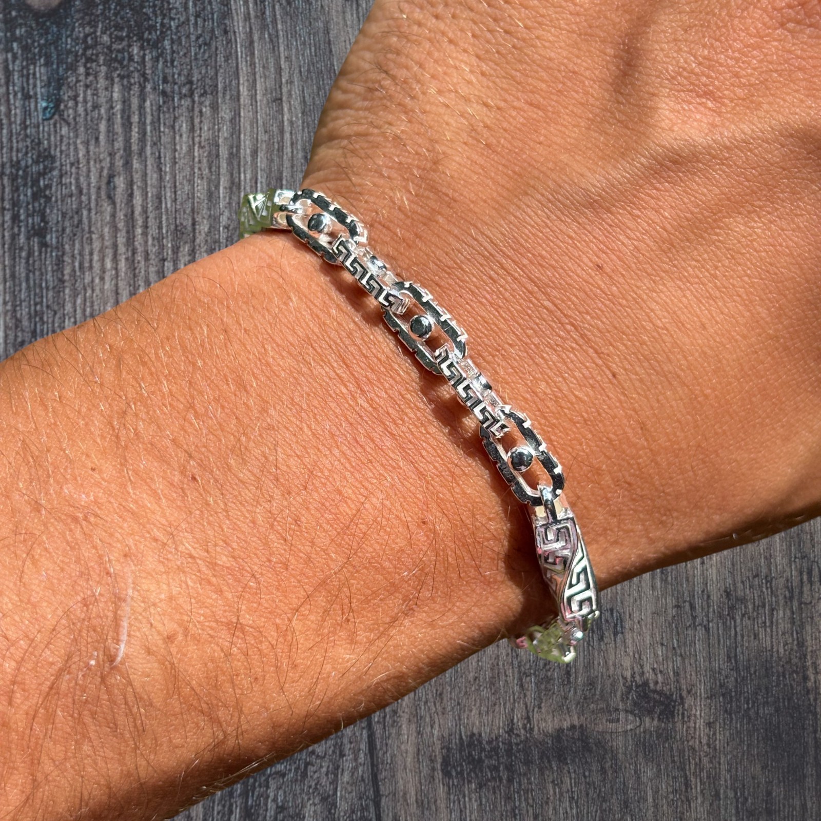 7mm Greek Key Rolo Link Bracelet – Real Solid 925 Sterling Silver MADFE IN ITALY
