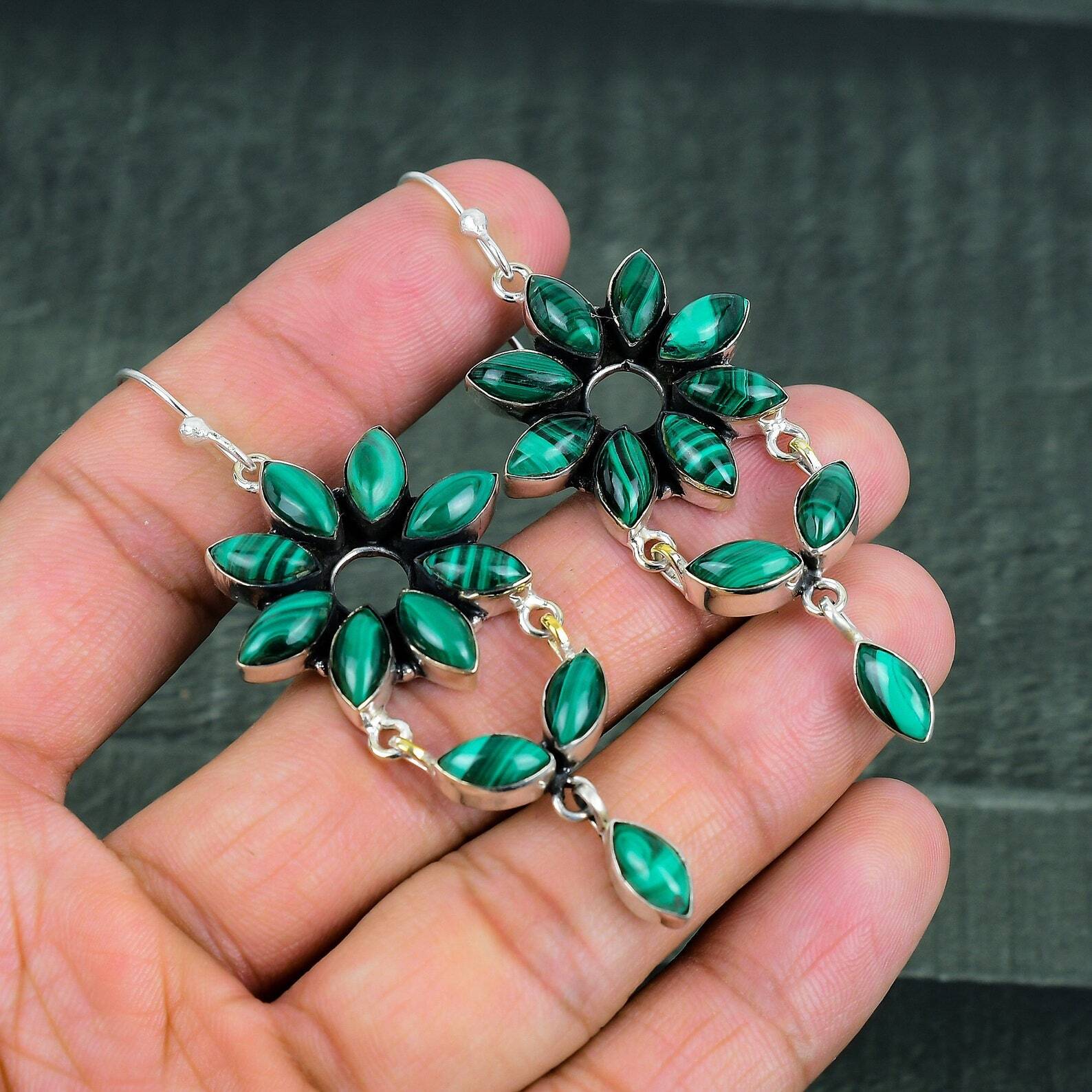 Malachite Gemstone Handmade 925 Sterling Silver Earrings Jewelry