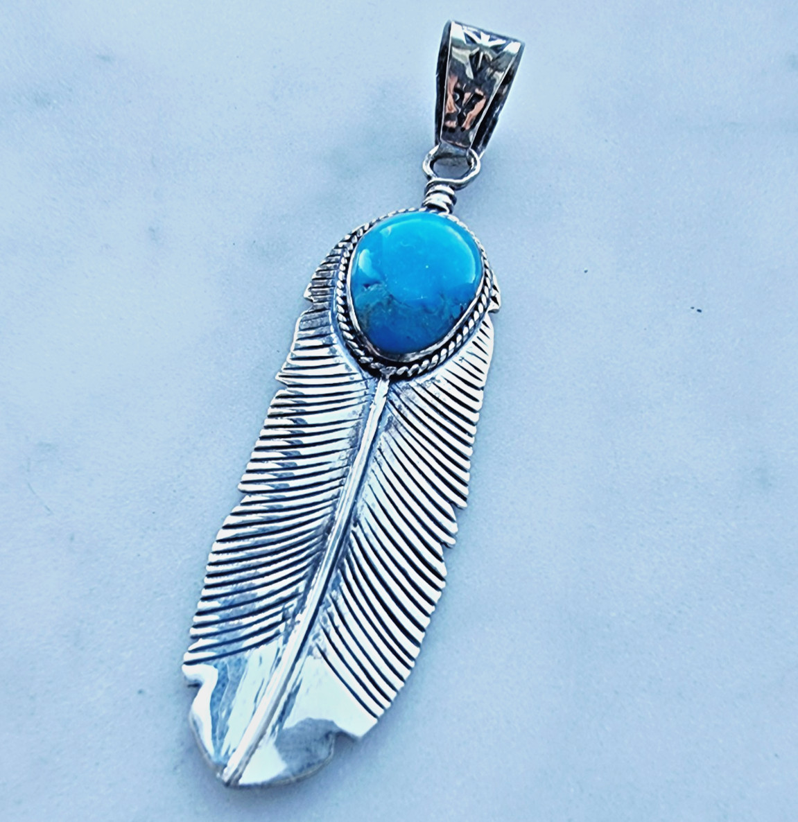 925 STERLING SILVER BLUE 17X12 MM. TEARDROP TURQUOISE FEATHER PENDANT