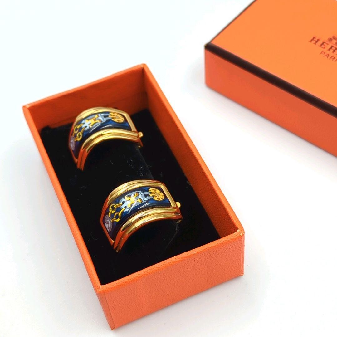 HERMES H Logo Clip On Earrings Enamel Gold Navy Vintage France Box Included Used