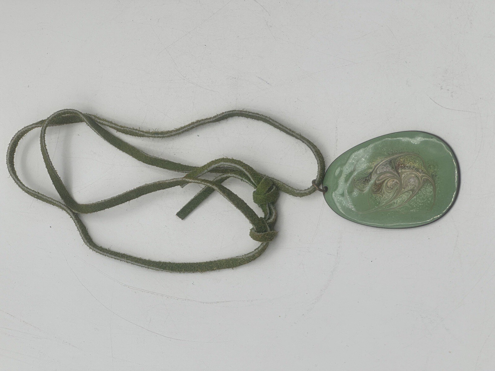 Wearable Art Necklace Enamel On Metal Pendant Dual Sided On Green Leather
