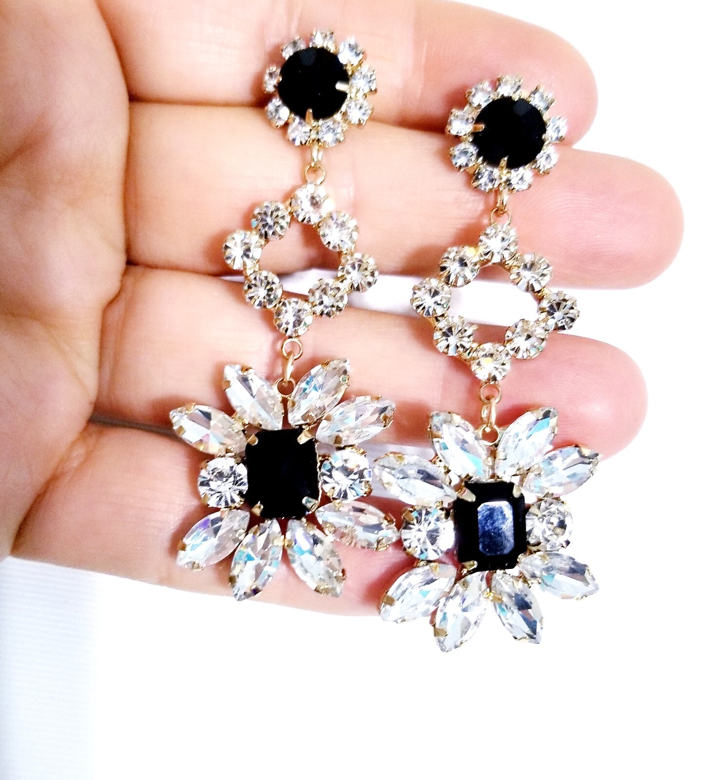 Bridesmaid Drop Dangle Chandelier Earrings 2.8 in Black Rhinestone Pageant Prom