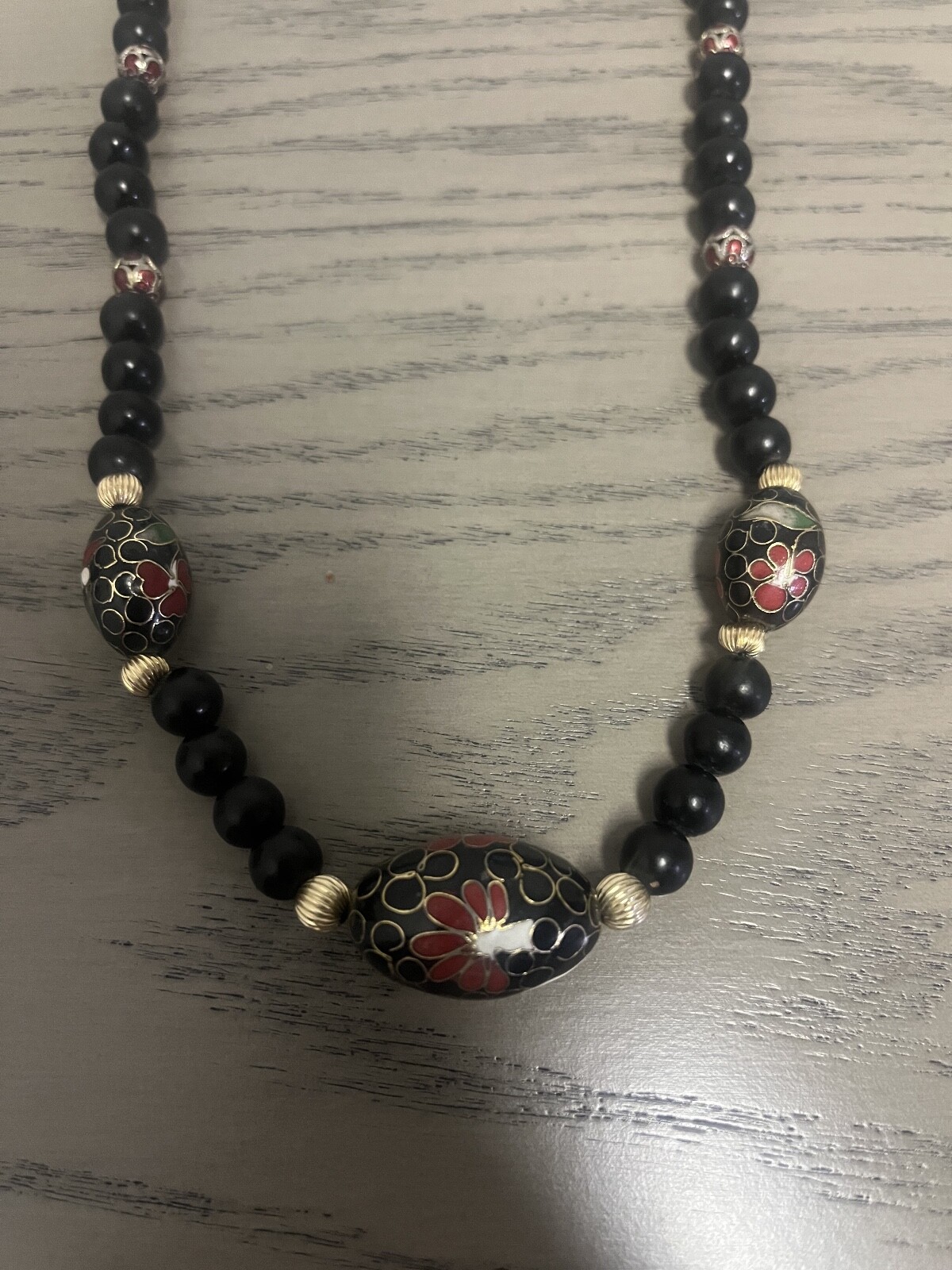 14Kt Gold Vintage Chinese Export Black Onyx Beaded Floral 34″ inch Necklace