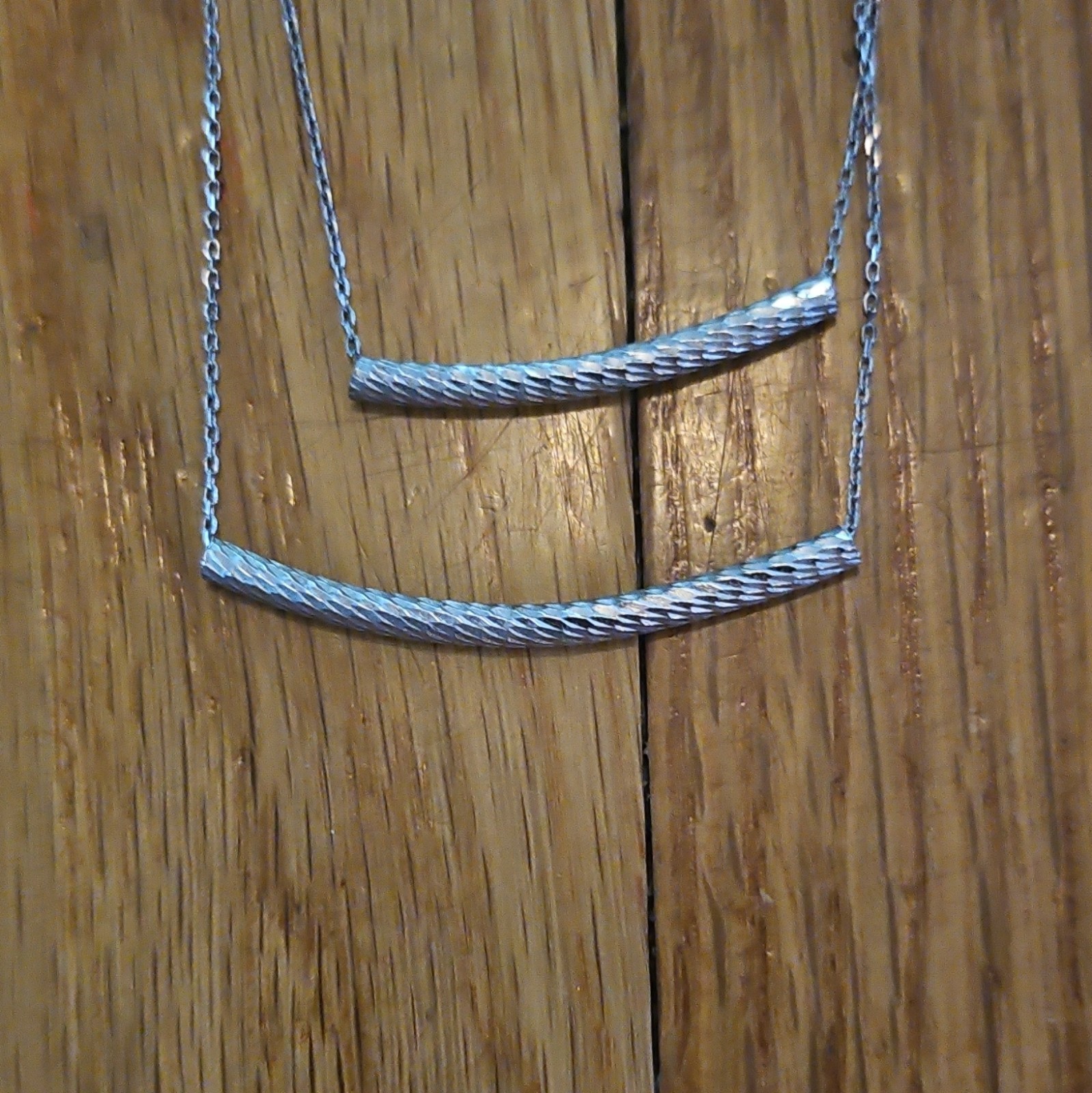 Lot of 2 Silver Tone Pendant Necklaces Cross Crystal & Double Bar, Double Strand