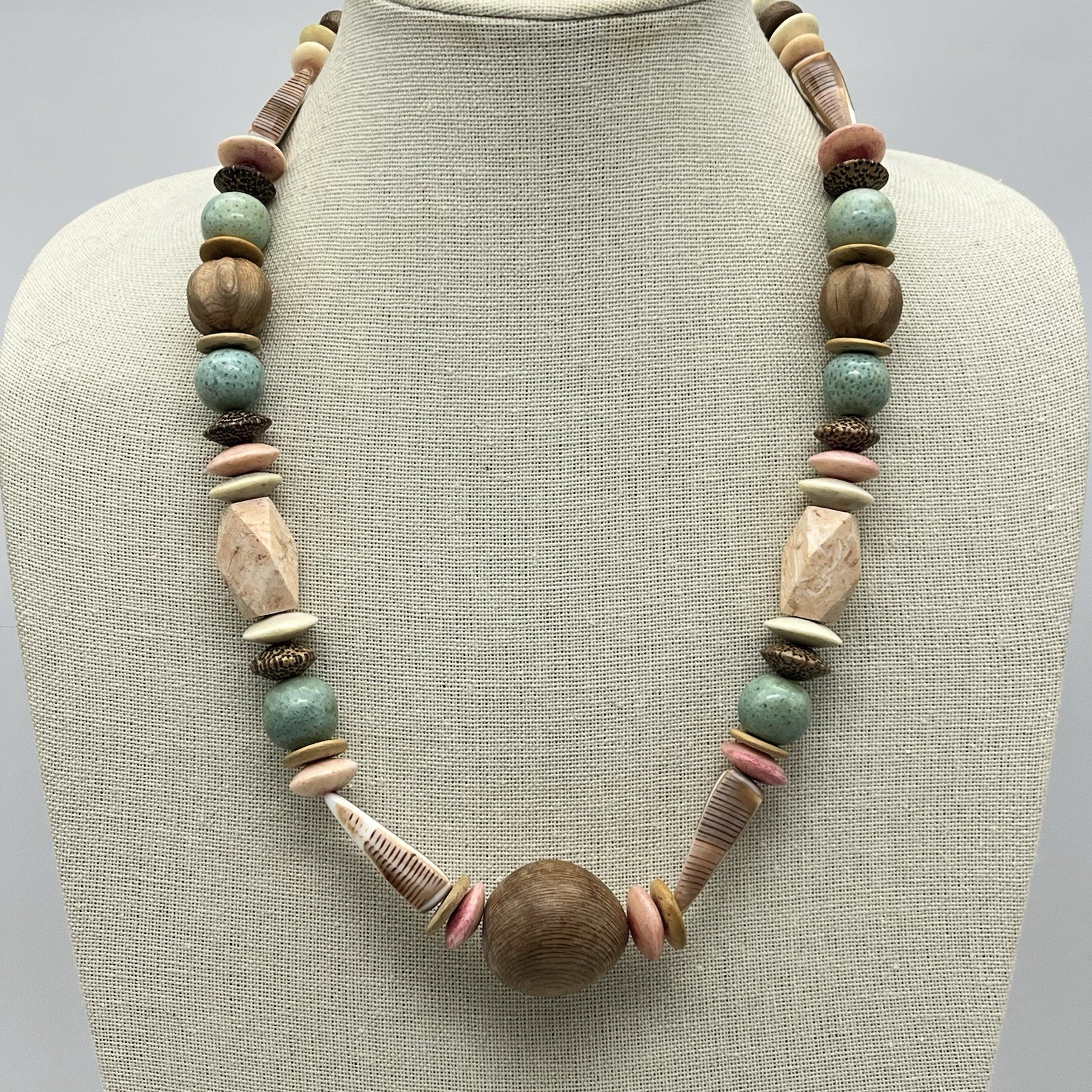 Chunky Mixed Bead Necklace Wood Tagua Ceramic Shell Pastel Earth Tone Boho 22″