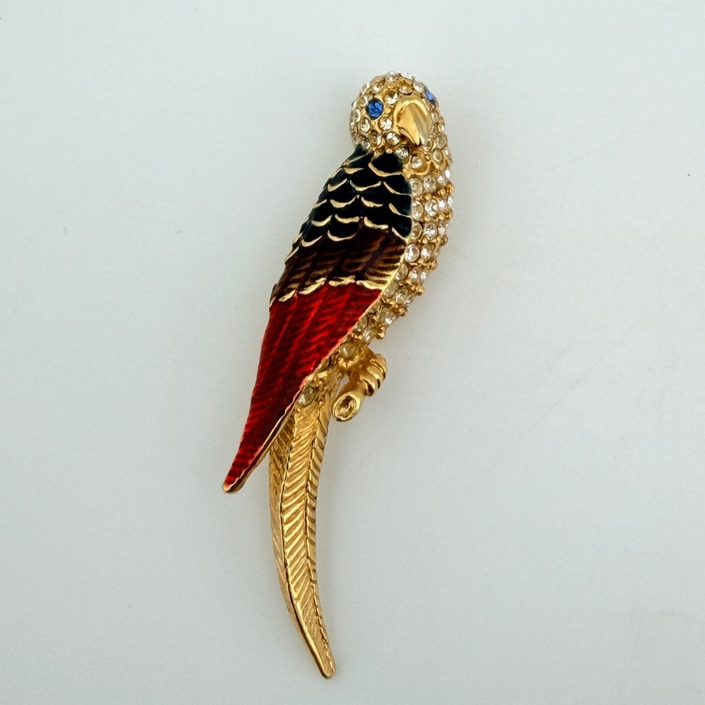 Vintage GIORGIO Beverly Hills Parrot Brooch Enamel Rhinestone Gold Tone Bird Pin
